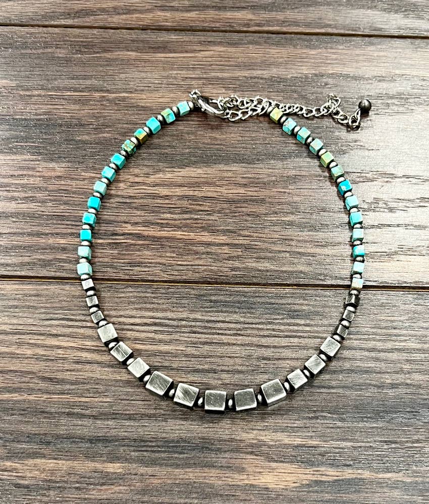 Handmade Square Gemstone And Navajo Bead Necklace 15 To 20 Inches Long