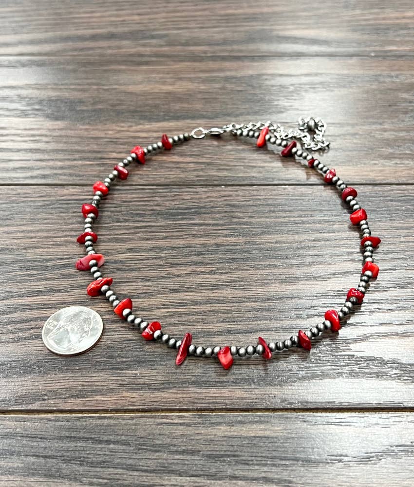 Handmade Navajo Bead and Coral Chip Stone Necklace 16 to 21 Inches Long