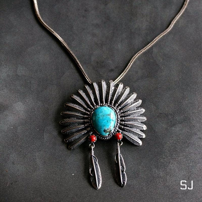 Navajo Headdress Turquoise Necklace in Sterling Silver – Authentic Native American Jewelry Gift Set - Silver Elegant