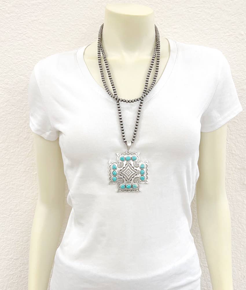 Aztec Turquoise Two Strand Necklace 24 Inch Handmade