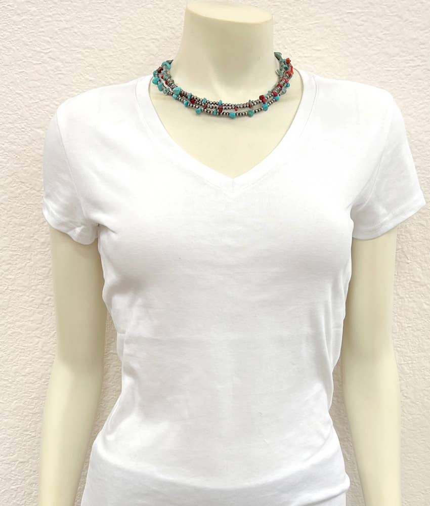 Handmade Navajo Coral and Turquoise Three Strand Necklace 16 to 21 Inches