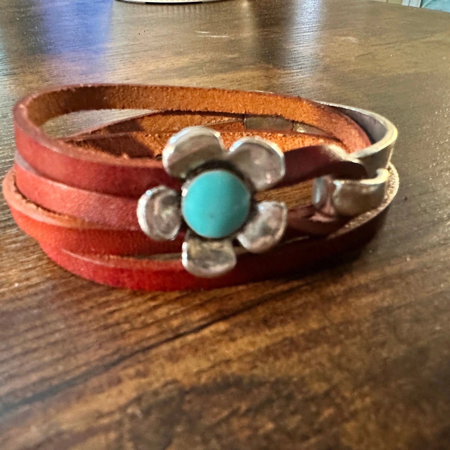 Brown Leather Flower Bracelet, Double Wrap, Boho Flower Leather Bracelet, Gift Box - Silver Elegant