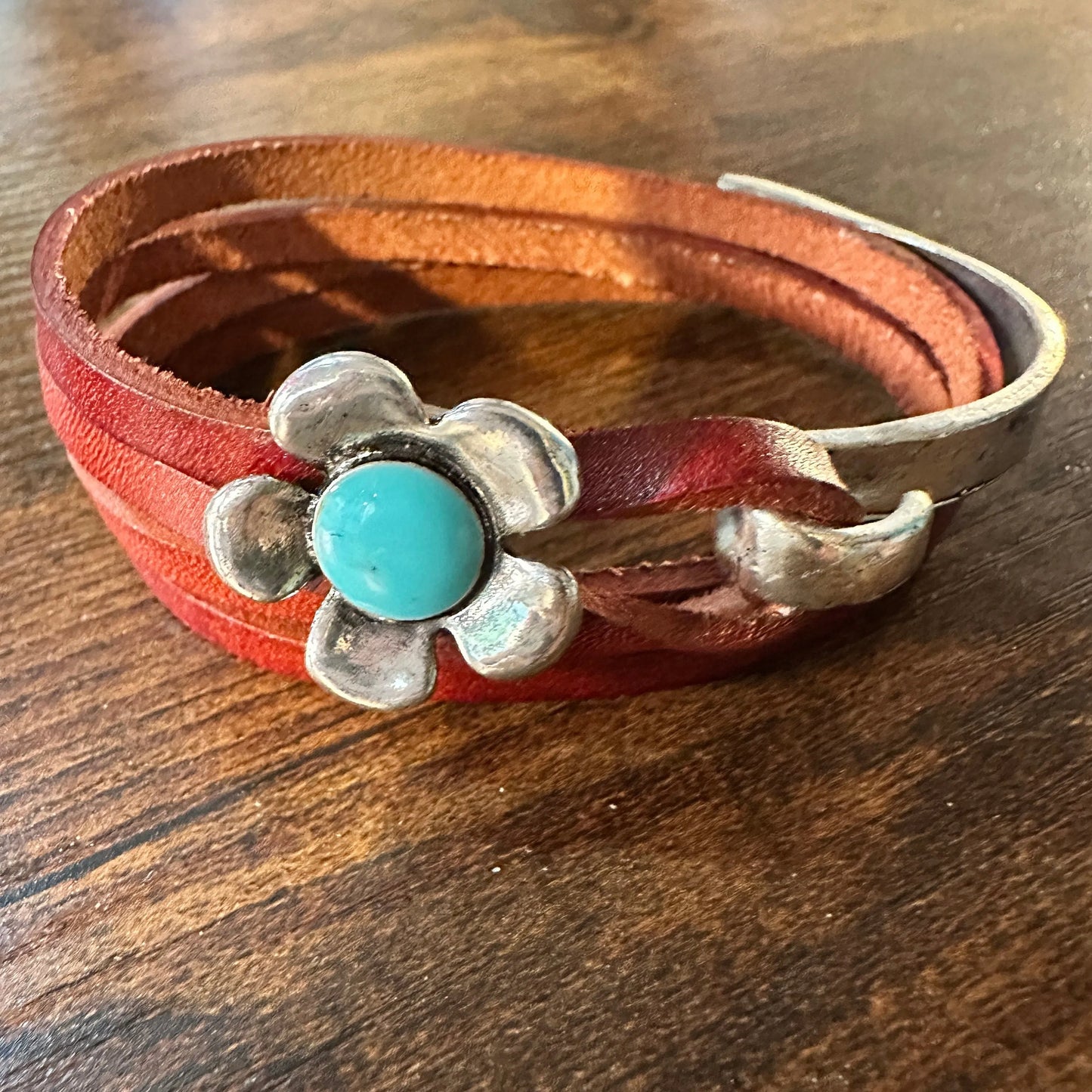 Brown Leather Flower Bracelet, Double Wrap, Boho Flower Leather Bracelet, Gift Box - Silver Elegant