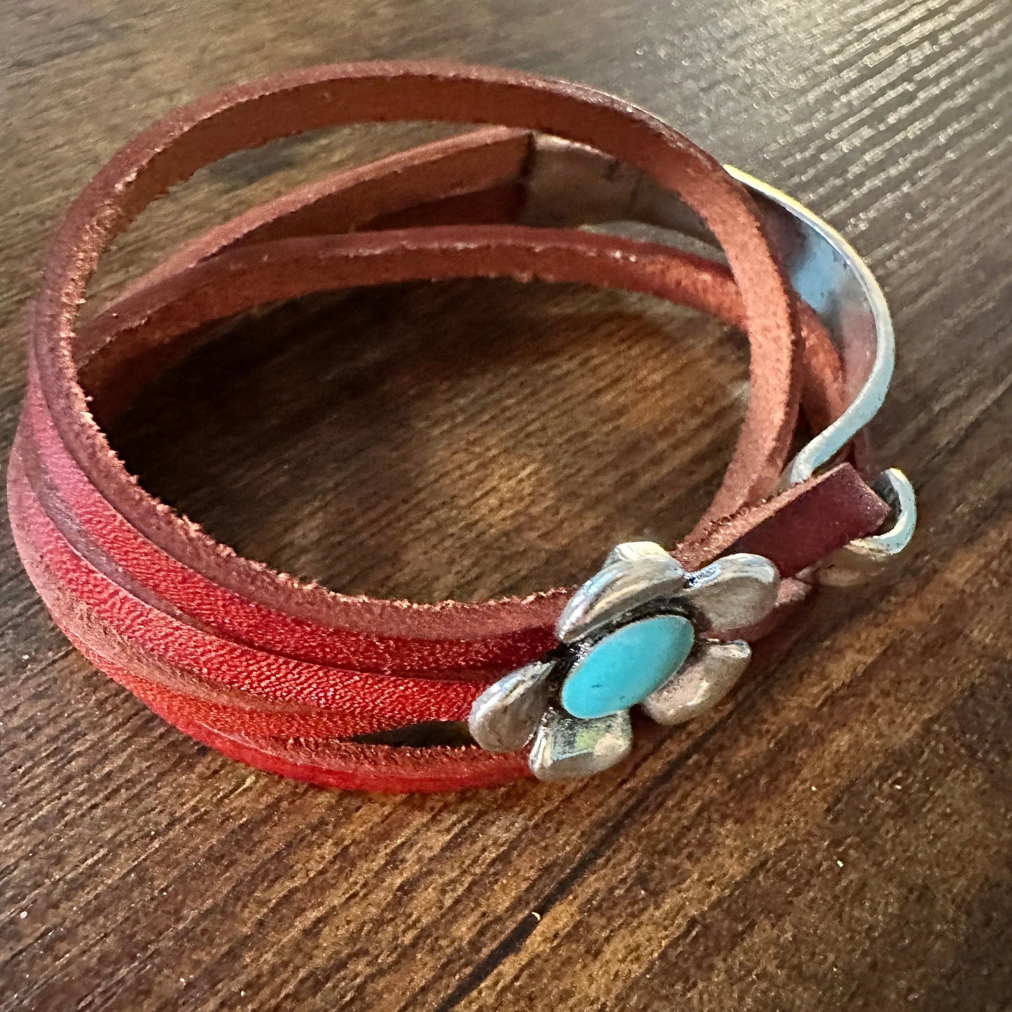 Brown Leather Flower Bracelet, Double Wrap, Boho Flower Leather Bracelet, Gift Box - Silver Elegant