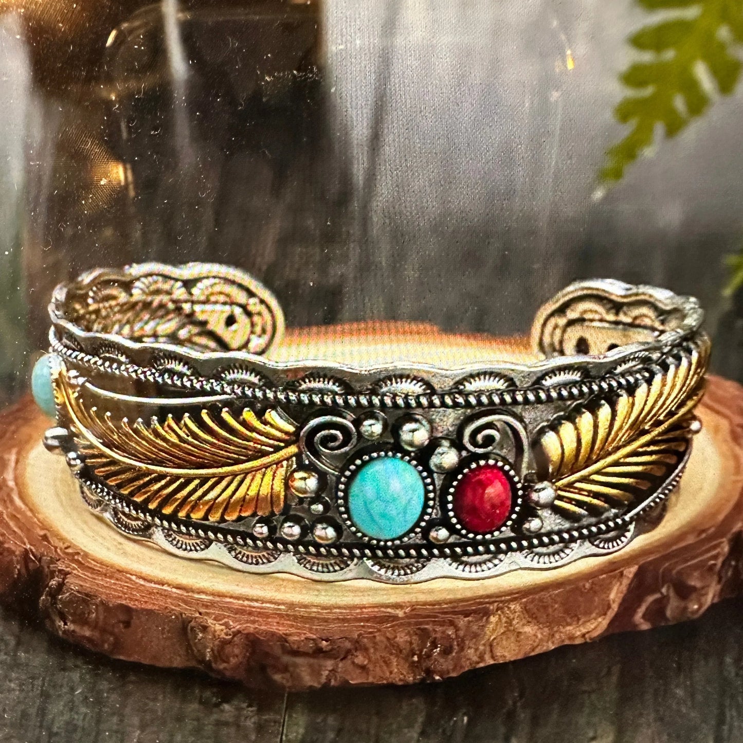 Handcrafted Boho Western Turquoise Coral Feather Cuff Bracelet, Gift Box - Silver Elegant