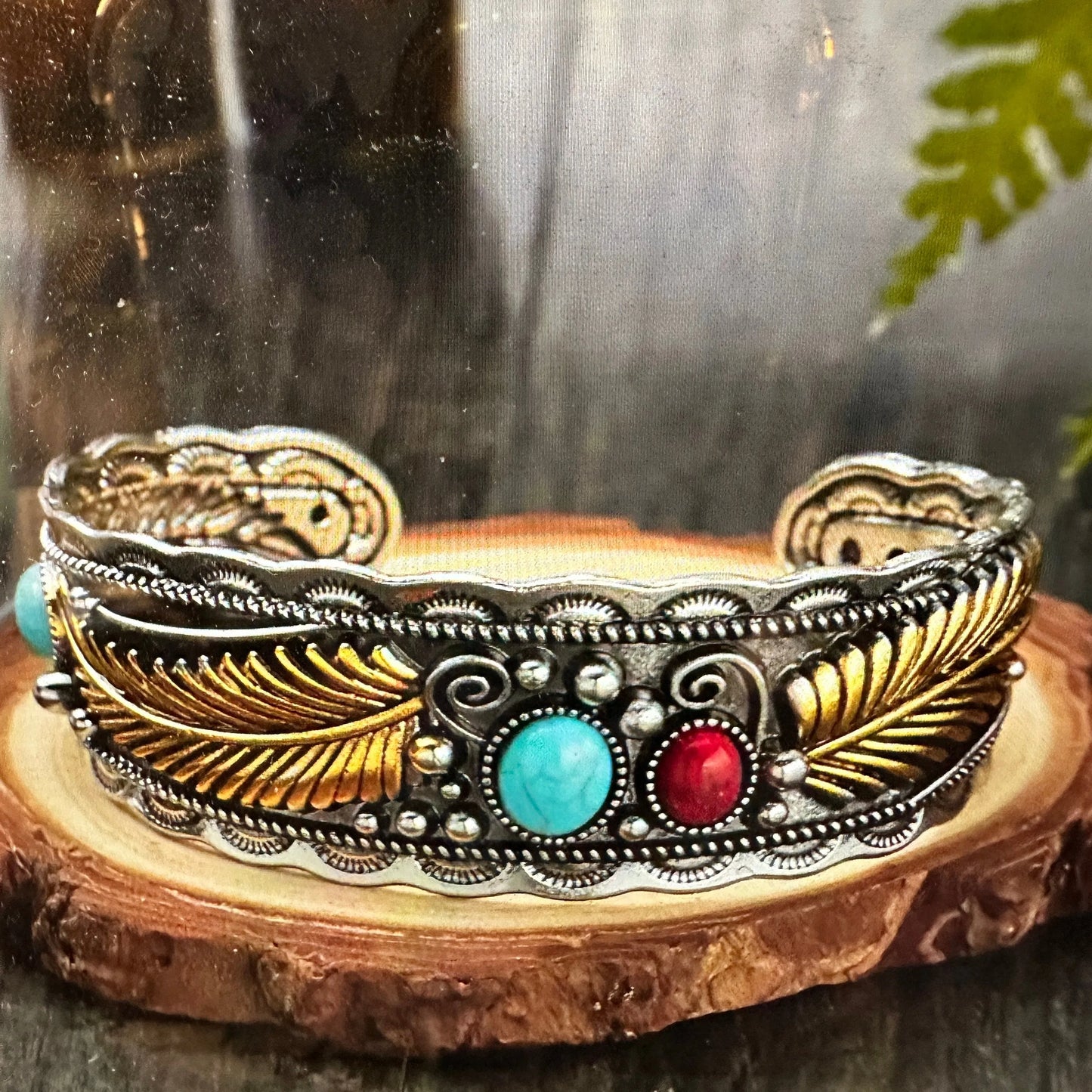 Handcrafted Boho Western Turquoise Coral Feather Cuff Bracelet, Gift Box - Silver Elegant