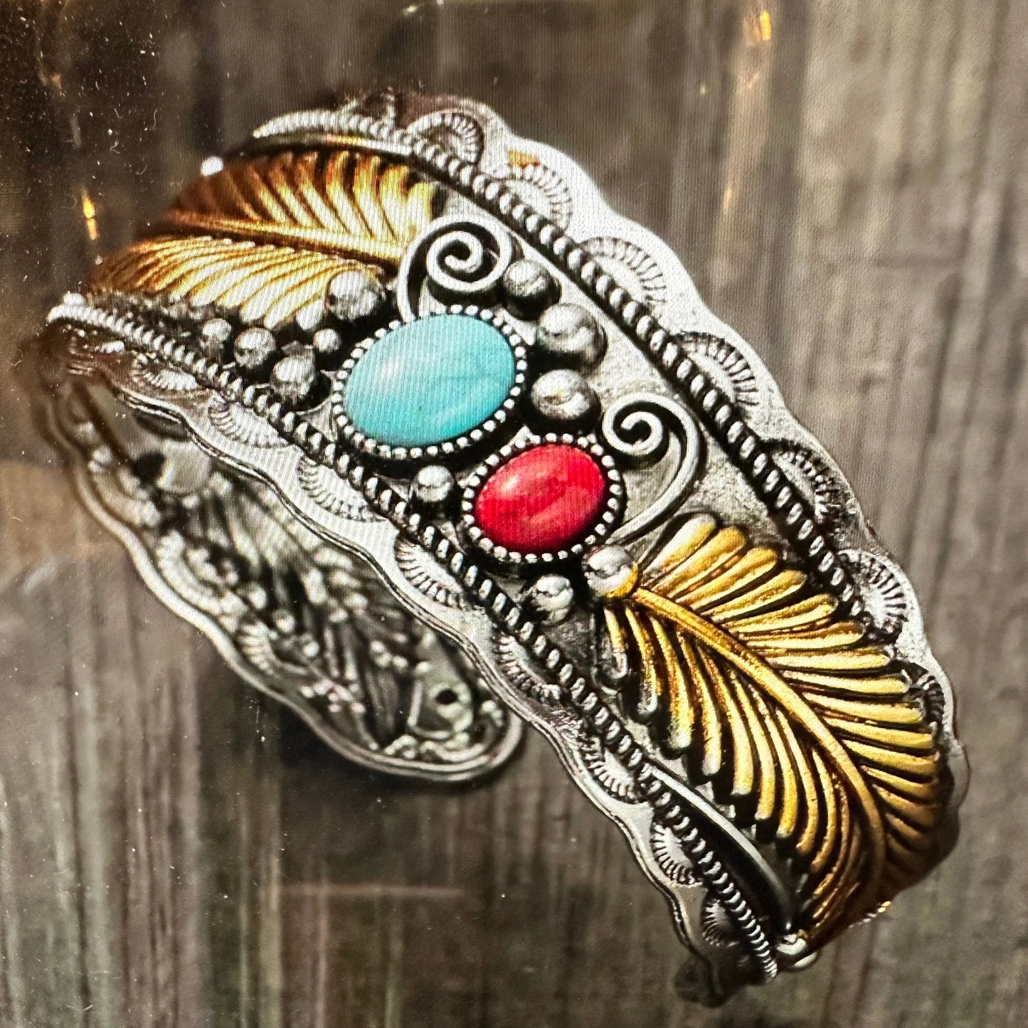 Handcrafted Boho Western Turquoise Coral Feather Cuff Bracelet, Gift Box - Silver Elegant