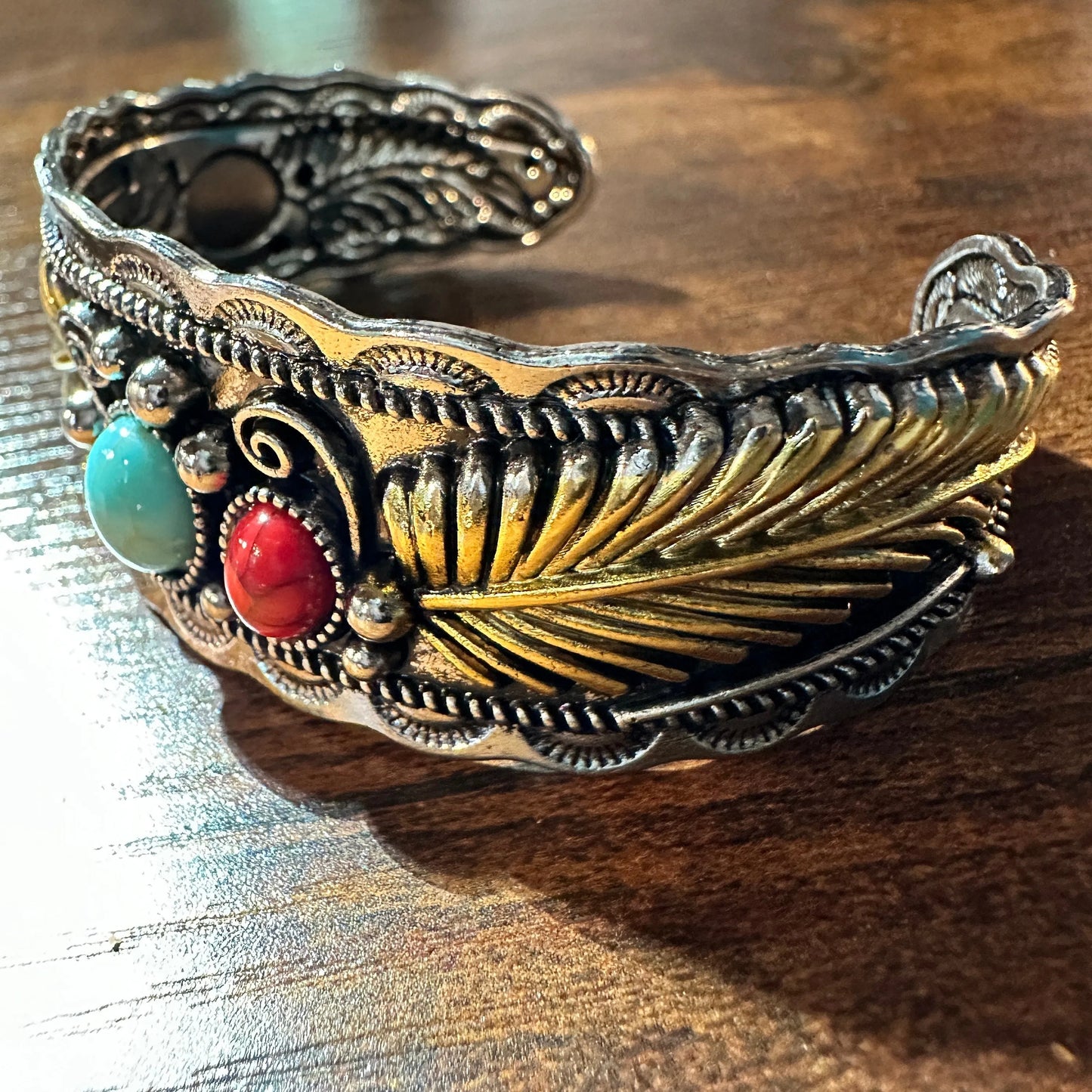 Handcrafted Boho Western Turquoise Coral Feather Cuff Bracelet, Gift Box - Silver Elegant