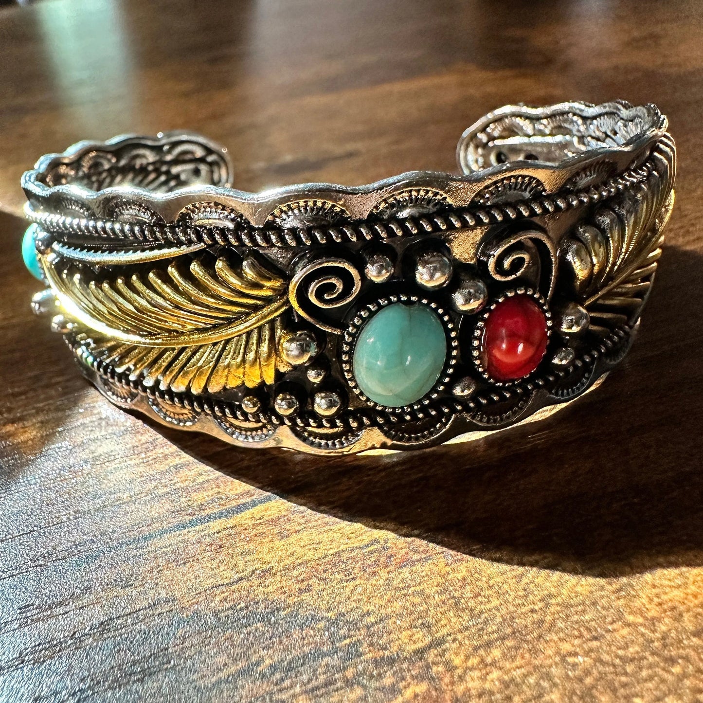 Handcrafted Boho Western Turquoise Coral Feather Cuff Bracelet, Gift Box - Silver Elegant