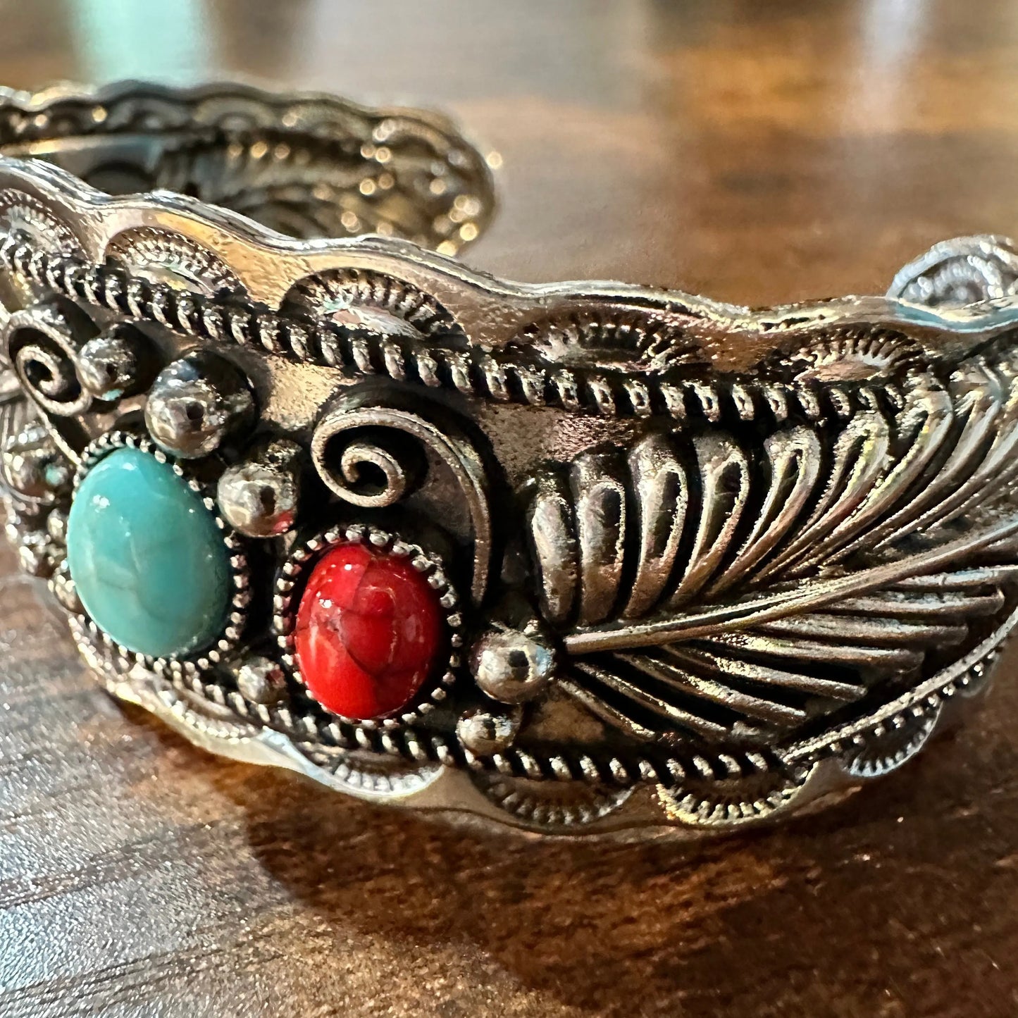 Handcrafted Boho Native American Turquoise Coral Stone Bracelet, Gift Box - Silver Elegant