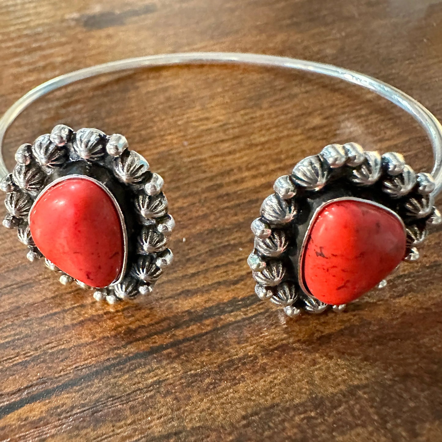 Handcrafted Boho Western Lacey Open Bangle, Yellow or Coral Stone, Gift Box - Silver Elegant