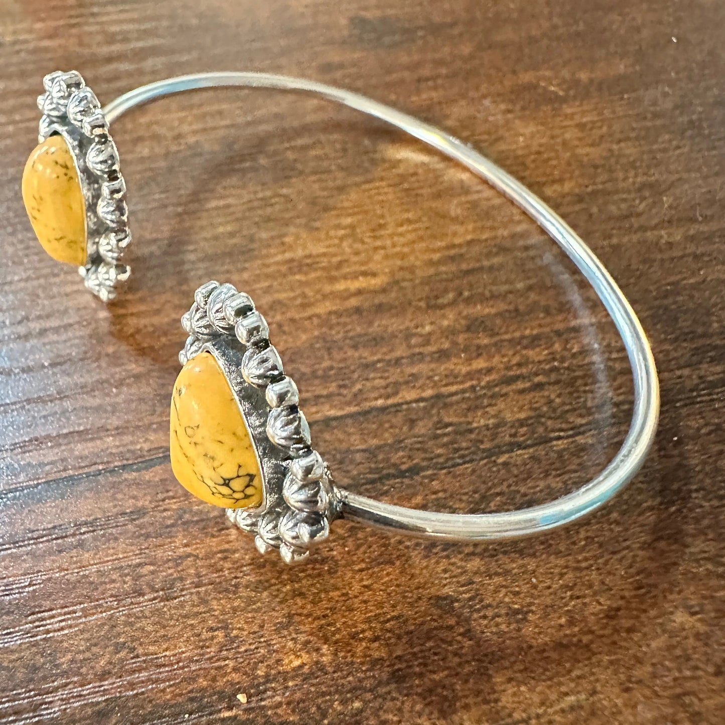 Handcrafted Boho Western Lacey Open Bangle, Yellow or Coral Stone, Gift Box - Silver Elegant