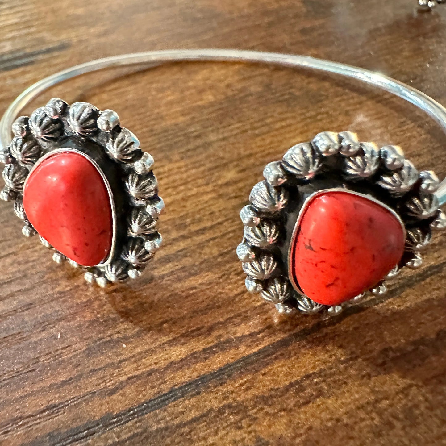 Handcrafted Boho Western Lacey Open Bangle, Yellow or Coral Stone, Gift Box - Silver Elegant