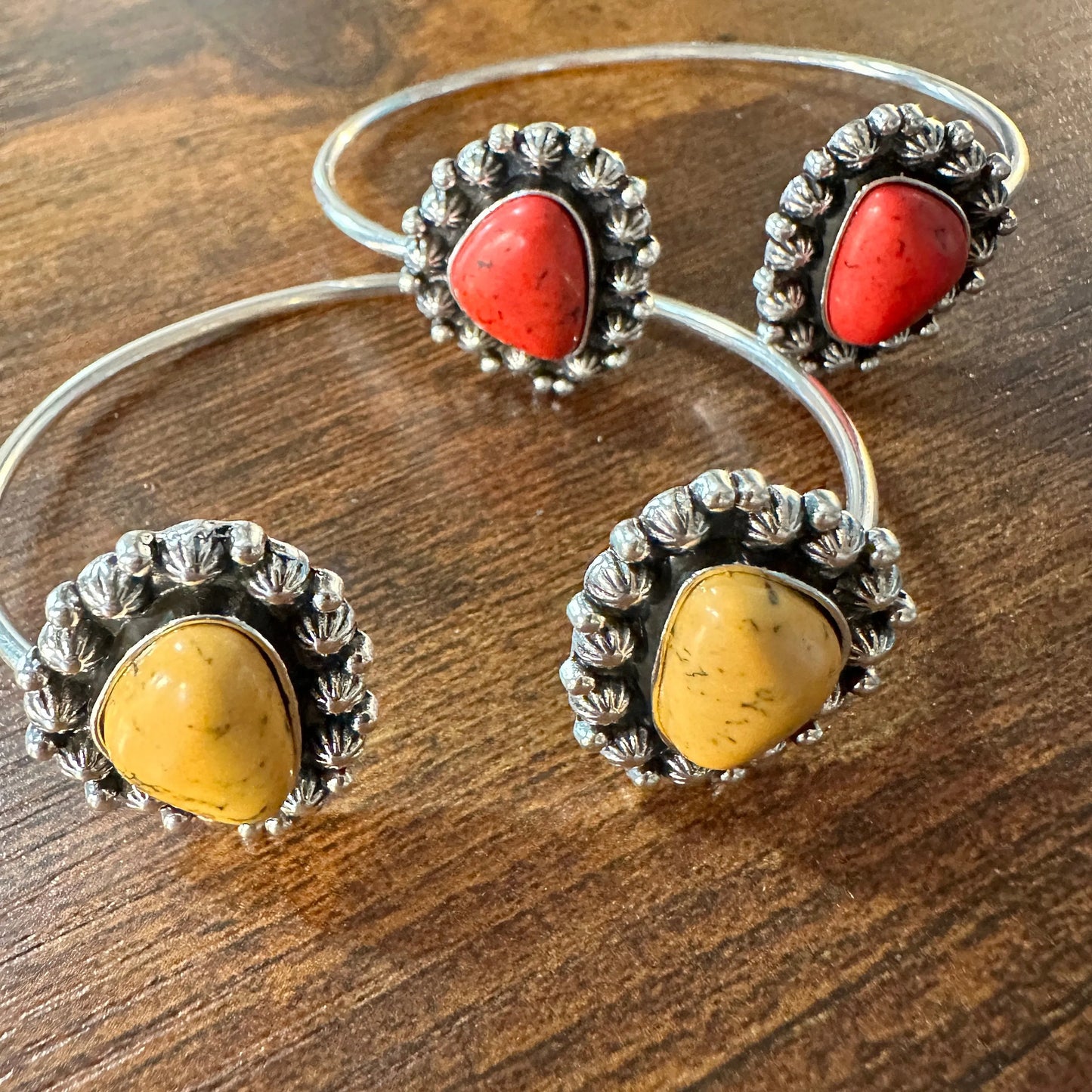 Handcrafted Boho Western Lacey Open Bangle, Yellow or Coral Stone, Gift Box - Silver Elegant