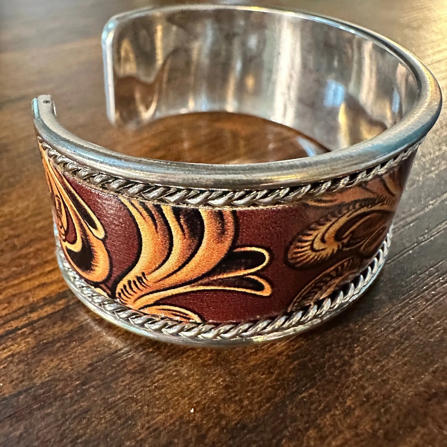 Handcrafted Boho Western Brown Floral Scroll Lace Wide Cuff Bracelet, Gift Box - Silver Elegant