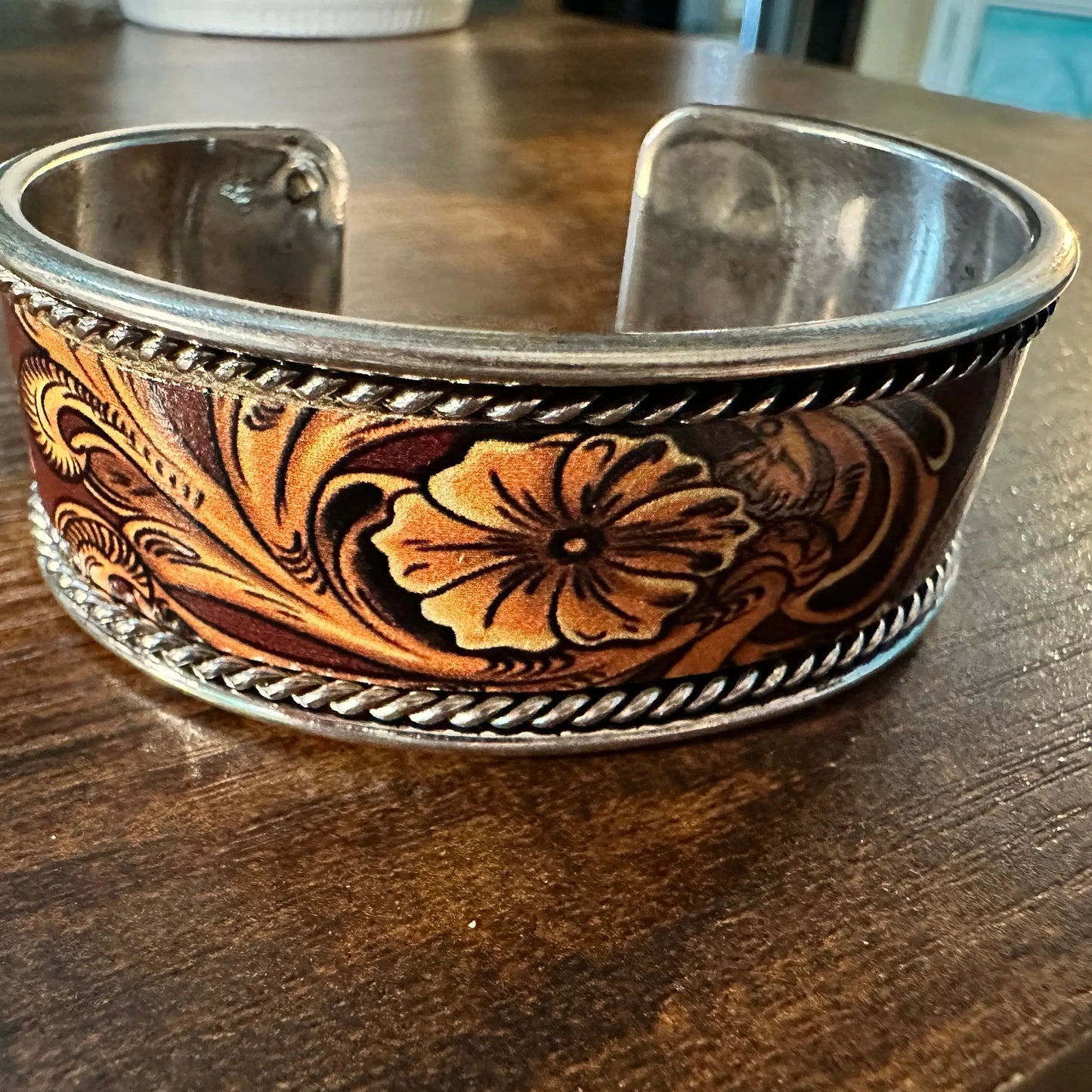 Handcrafted Boho Western Brown Floral Scroll Lace Wide Cuff Bracelet, Gift Box - Silver Elegant