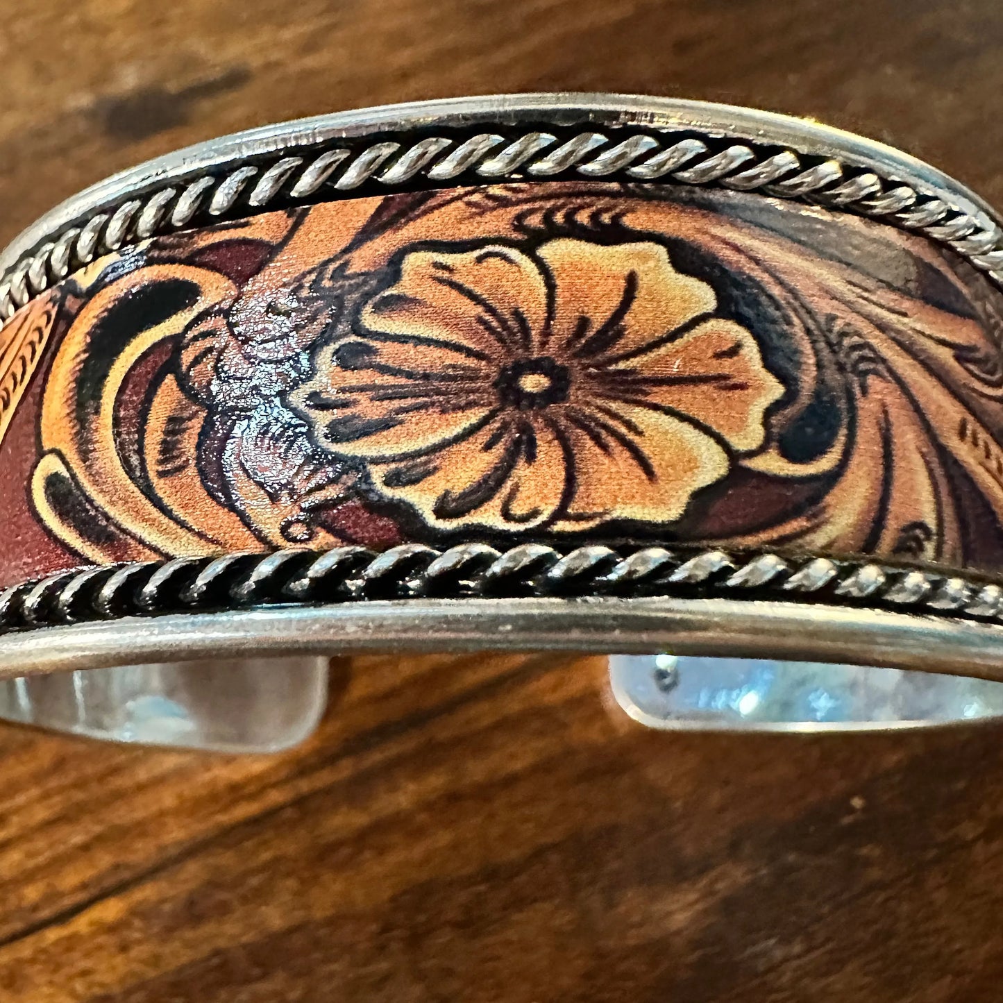 Handcrafted Boho Western Brown Floral Scroll Lace Wide Cuff Bracelet, Gift Box - Silver Elegant