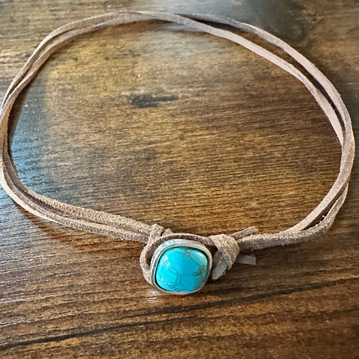 Boho Western Leather Cord Cowgirl Choker Necklace, Brown Leather Turquoise Stone, Gift Box - Silver Elegant