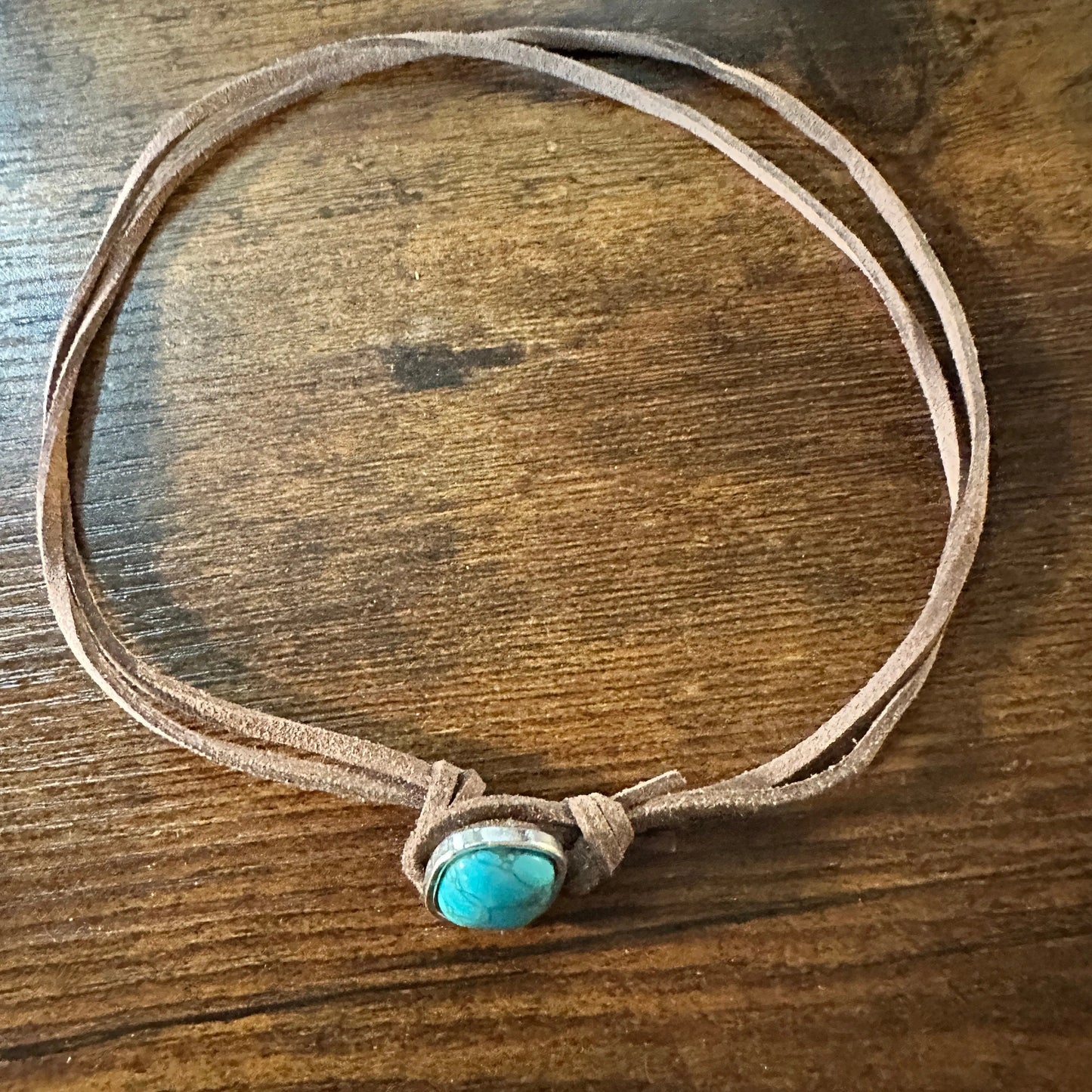 Boho Western Leather Cord Cowgirl Choker Necklace, Brown Leather Turquoise Stone, Gift Box - Silver Elegant