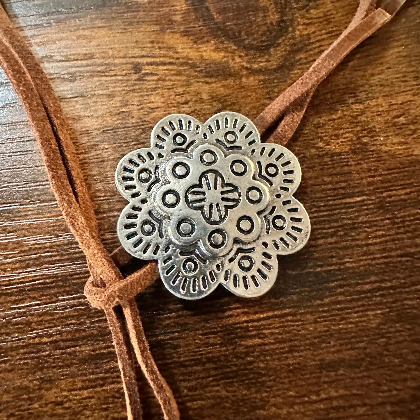 Boho Cowgirl Flower Necklace, Boho Brown Leather Cord Turquoise Stone Necklace, Gift Box - Silver Elegant