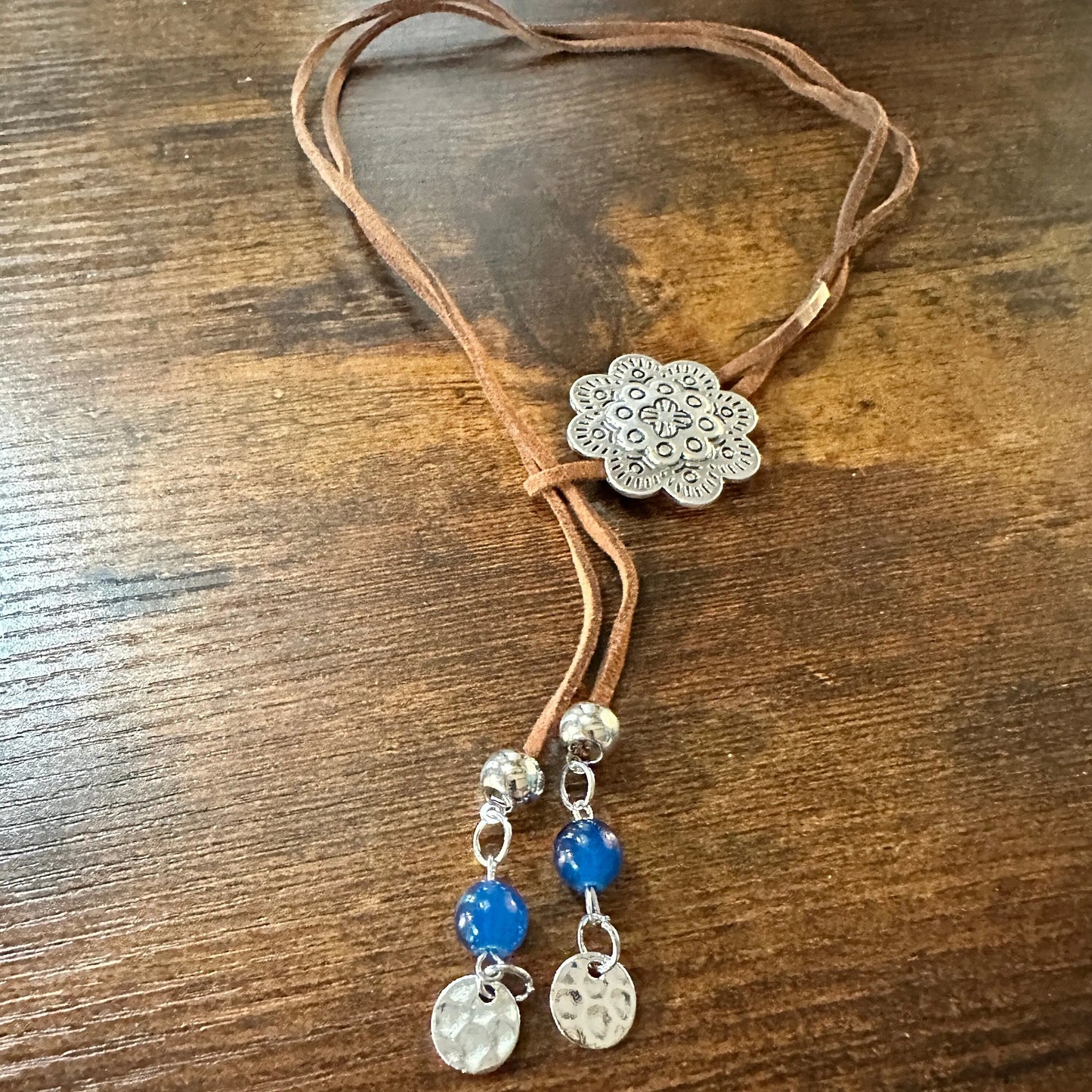 Boho Cowgirl Flower Necklace, Boho Brown Leather Cord Turquoise Stone Necklace, Gift Box - Silver Elegant