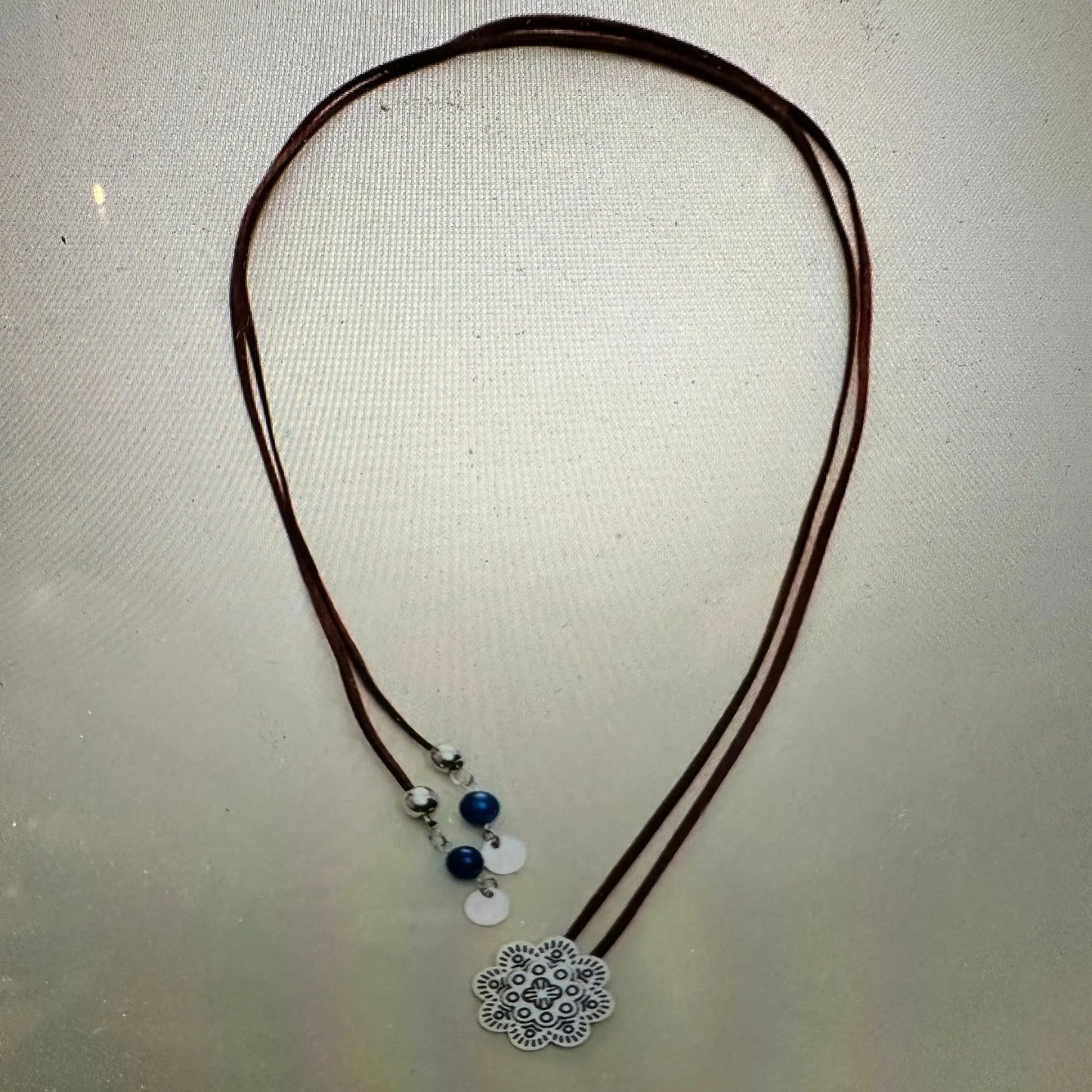 Boho Cowgirl Flower Necklace, Boho Brown Leather Cord Turquoise Stone Necklace, Gift Box - Silver Elegant