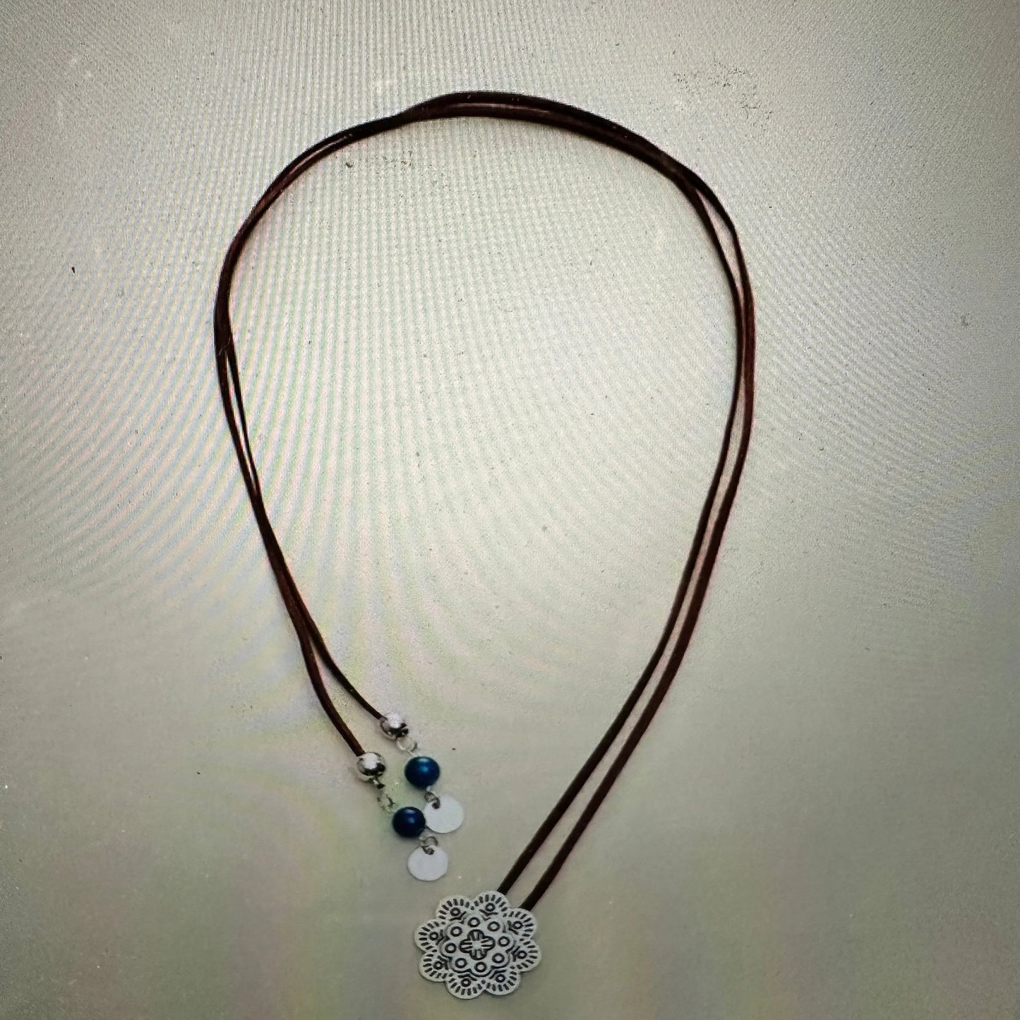 Boho Cowgirl Flower Necklace, Boho Brown Leather Cord Turquoise Stone Necklace, Gift Box - Silver Elegant