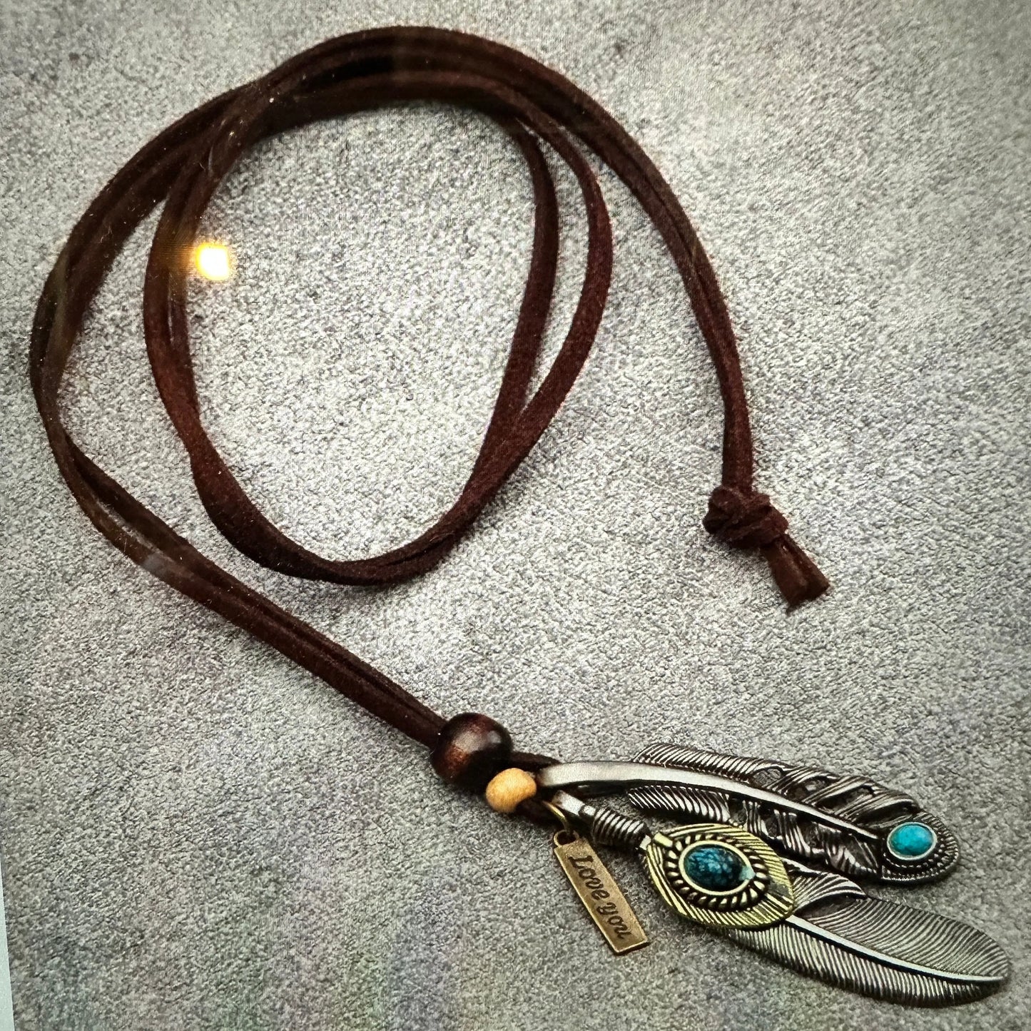 Southwest-Inspired Turquoise Feather Pendant Necklace on Brown Leather Cord, Gift-Ready Box - Silver Elegant