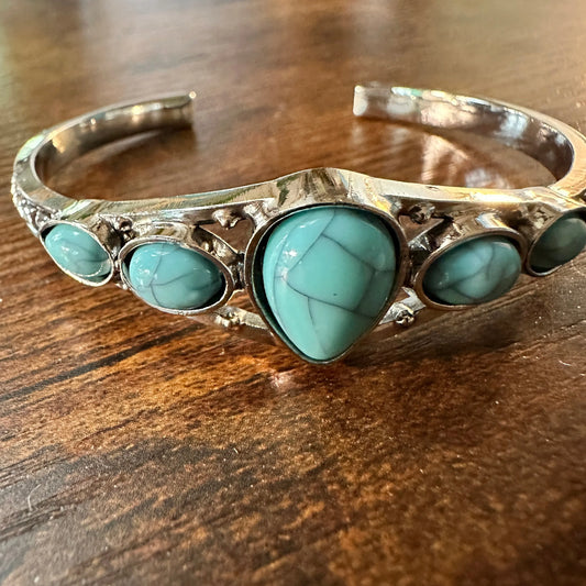Handcrafted Boho Native American Cuff Open Bangle, Turquoise Stones, Gift Box - Silver Elegant