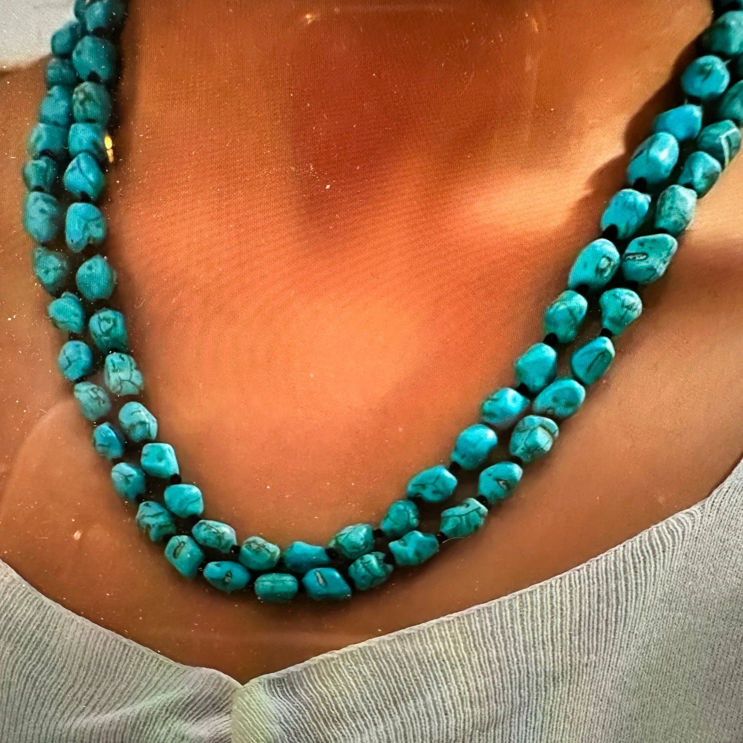 Handcrafted Boho Turquoise Stone Beaded Necklace, Double Wrap Long Cowgirl Necklace,Gift Box - Silver Elegant