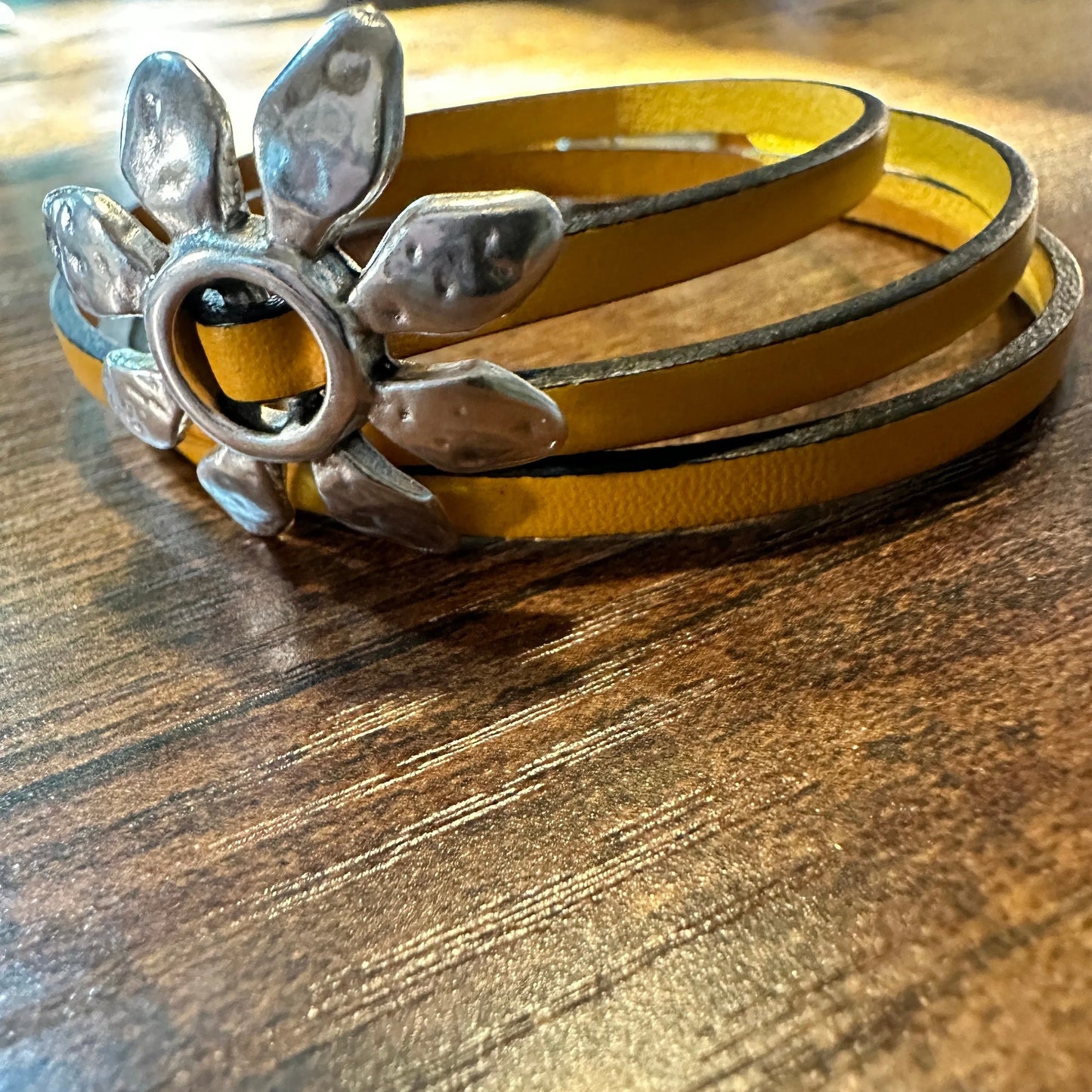 Boho Leather Flower Power Hippie Leather Bracelet, Triple Wrap, Gold or Blue, Gift Box - Silver Elegant