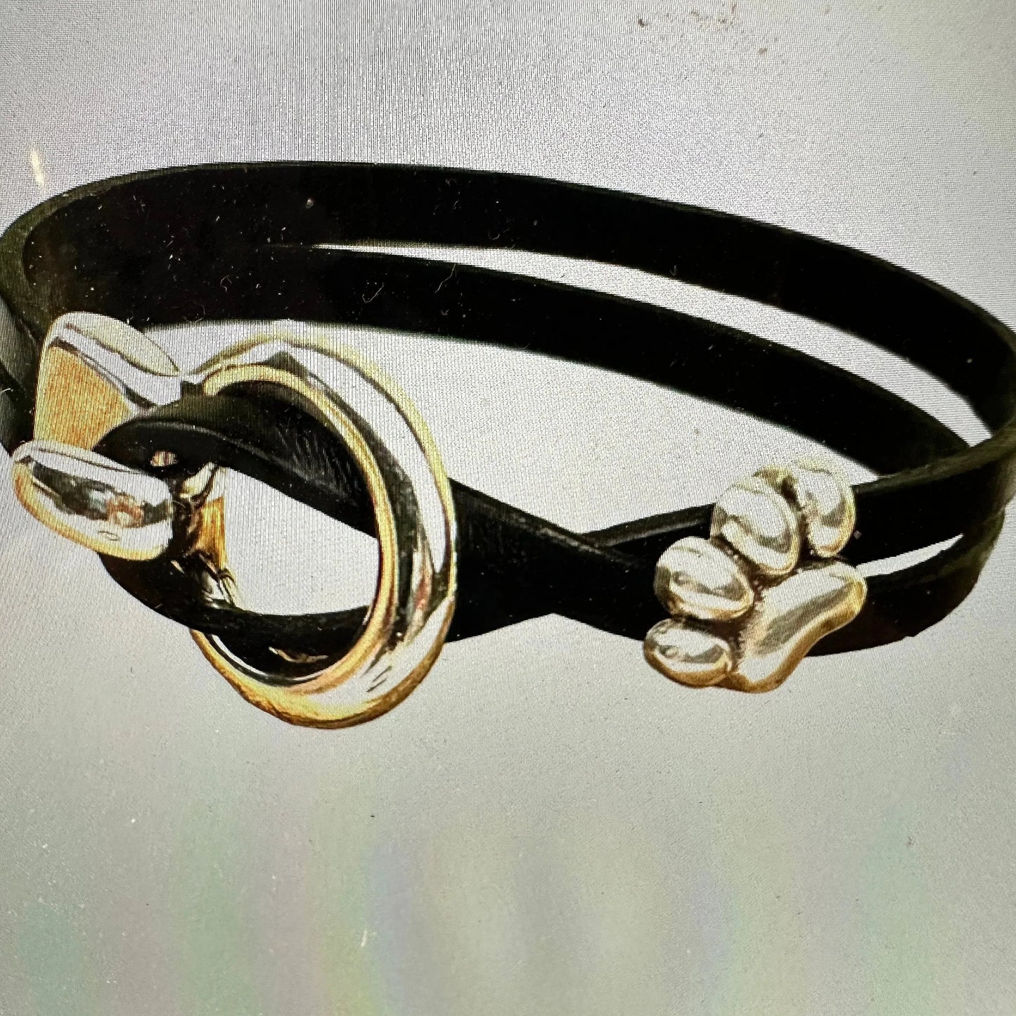 Boho Hippie Black Leather Pet Paw Circle Buckle Cuff Bracelet, Double Wrap, Gift Box - Silver Elegant