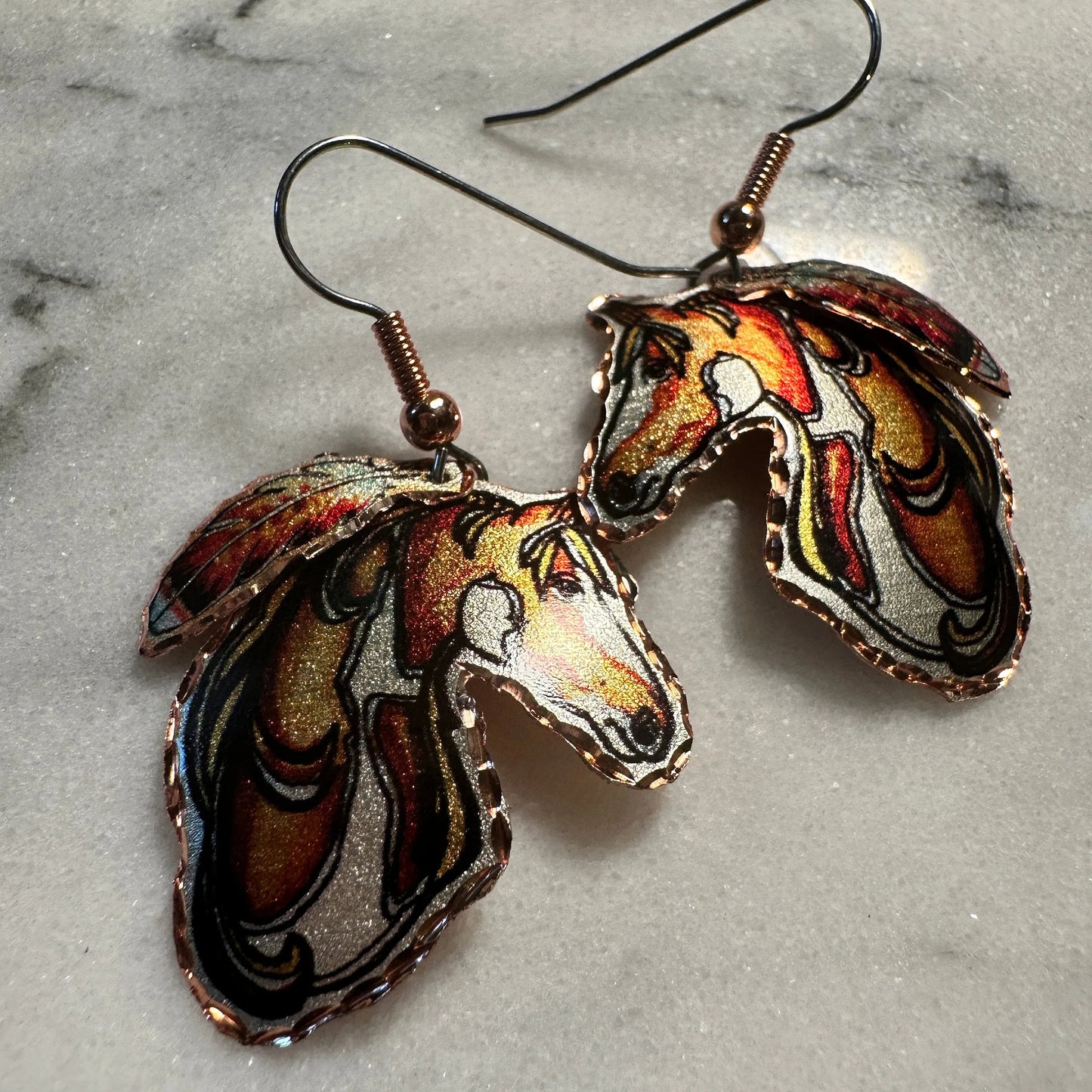 Handmade Boho Copper Feather Estuarian Horse Wire Drop Earrings, Gift Box - Silver Elegant