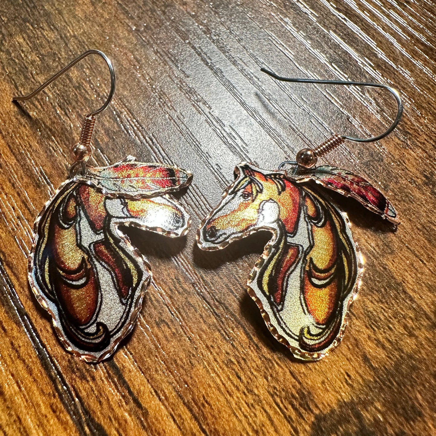 Handmade Boho Copper Feather Estuarian Horse Wire Drop Earrings, Gift Box - Silver Elegant