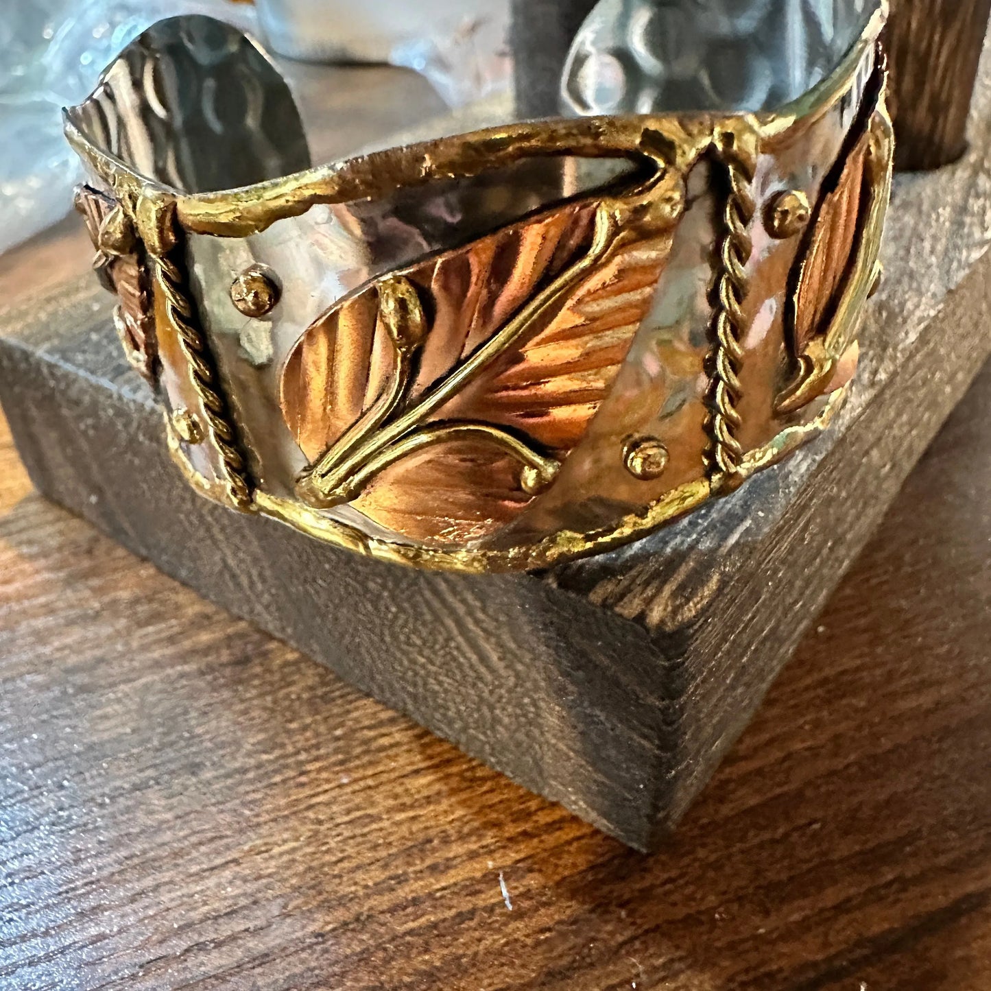 Handmade Boho Chic Copper Leaf Wide Cuff Nature Bracelet, Gift Box - Silver Elegant