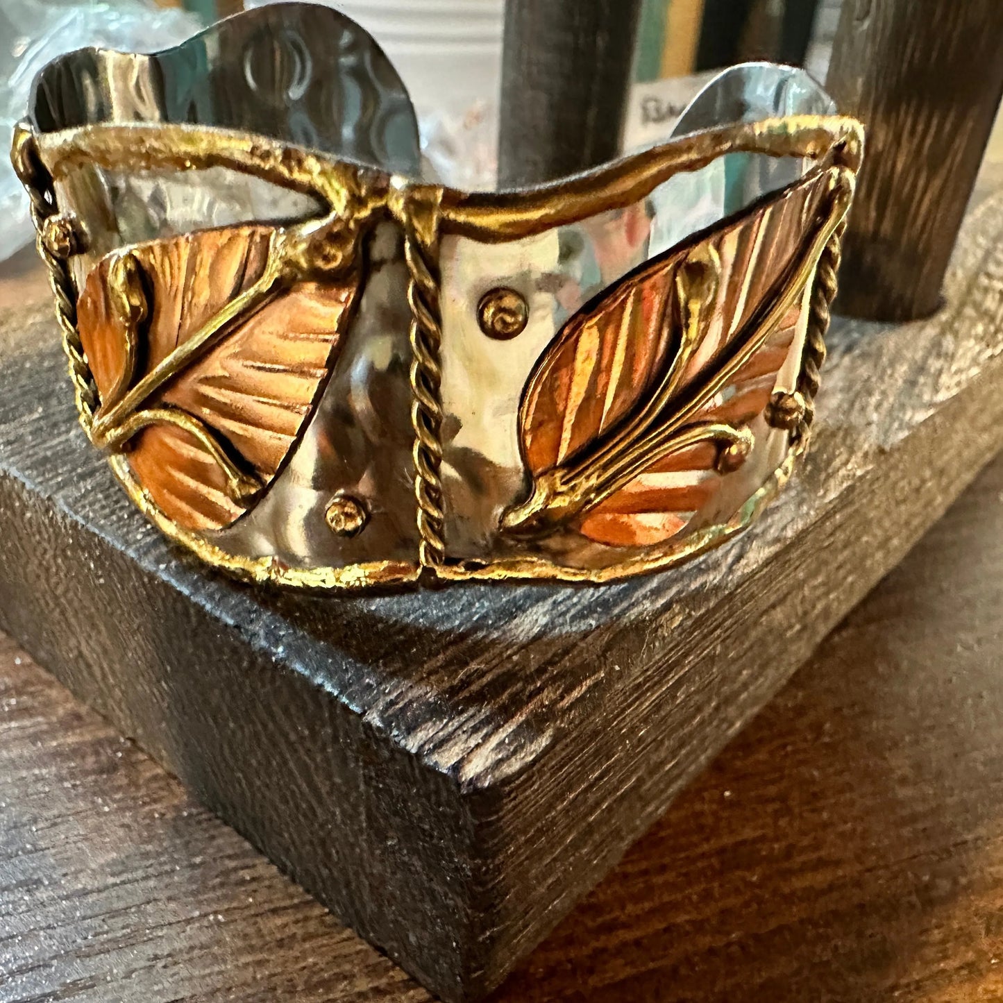Handmade Boho Chic Copper Leaf Wide Cuff Nature Bracelet, Gift Box - Silver Elegant