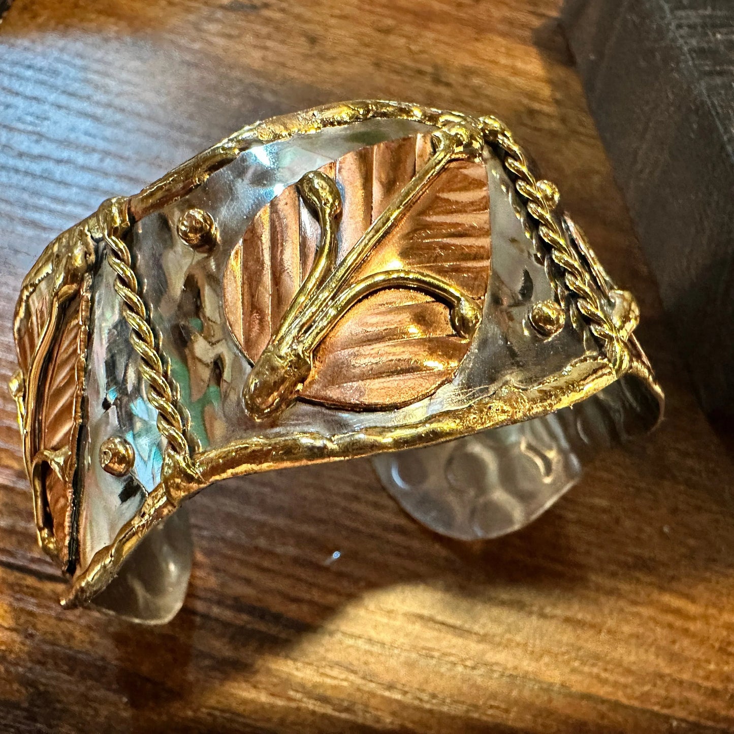 Handmade Boho Chic Copper Leaf Wide Cuff Nature Bracelet, Gift Box - Silver Elegant