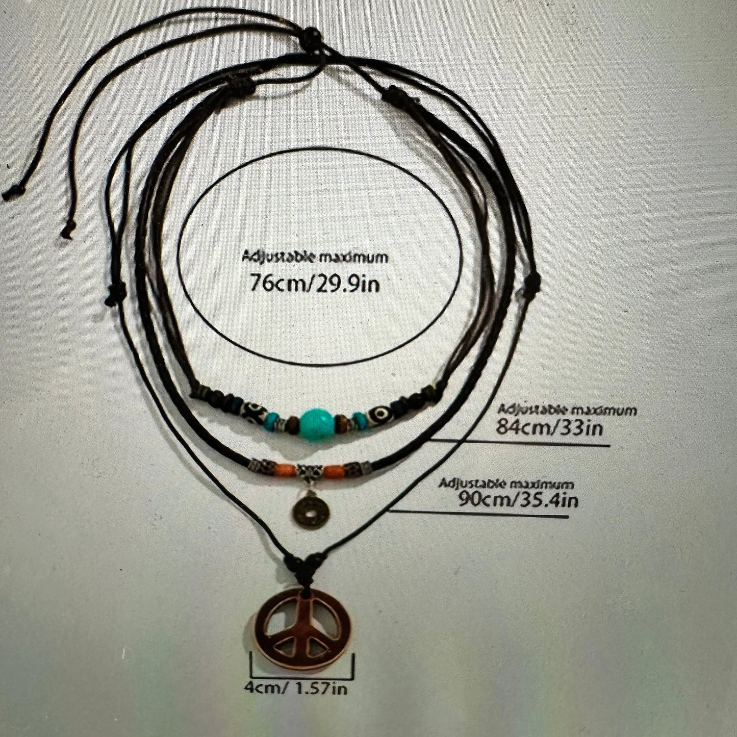 Handmade Boho Cowgirl Hippie Three Cord Peace Turquoise Stone Necklace Set, Gift Box - Silver Elegant