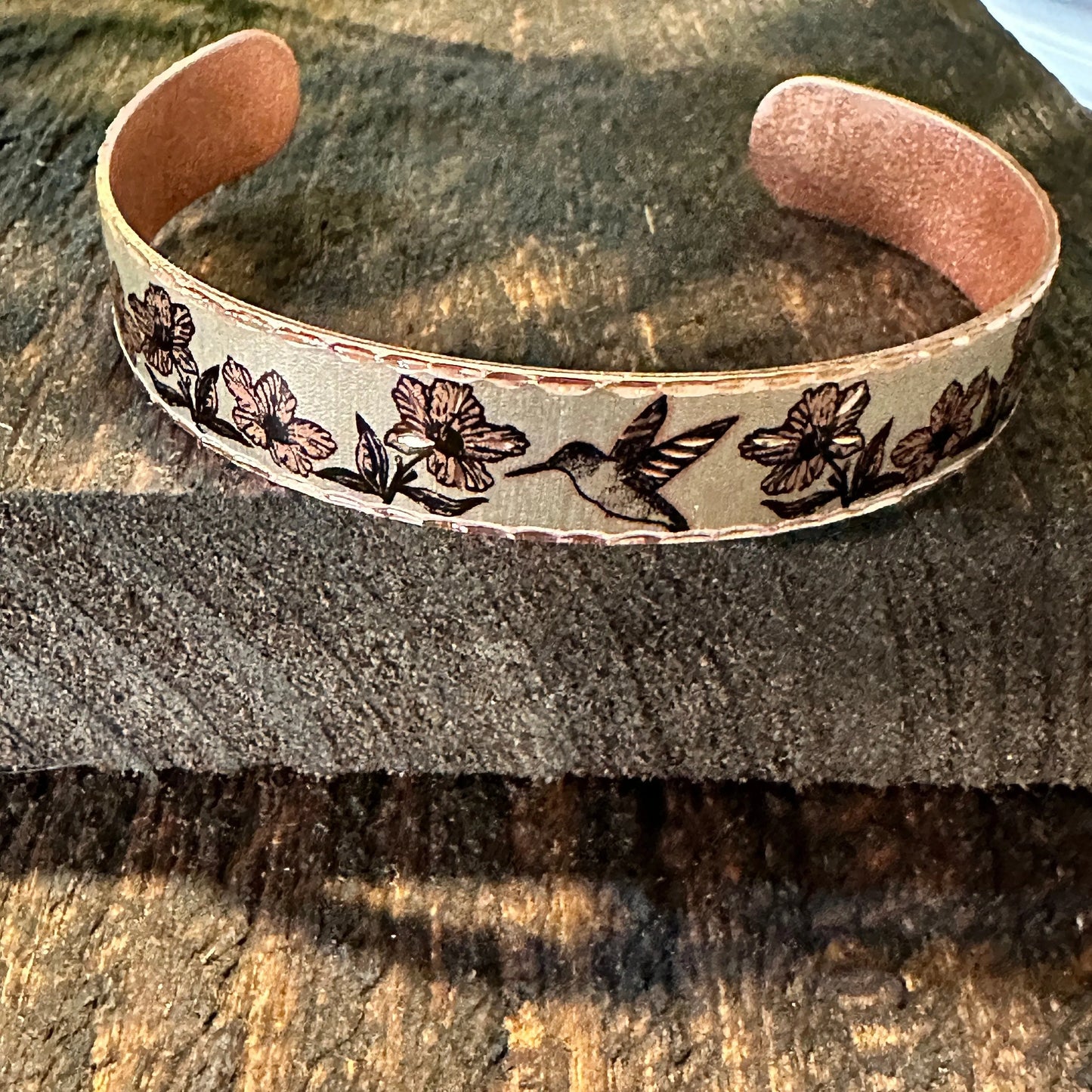 Handmade Boho Copper Floral Hummingbird Design Narrow Cuff Bracelet, Gift Box - Silver Elegant