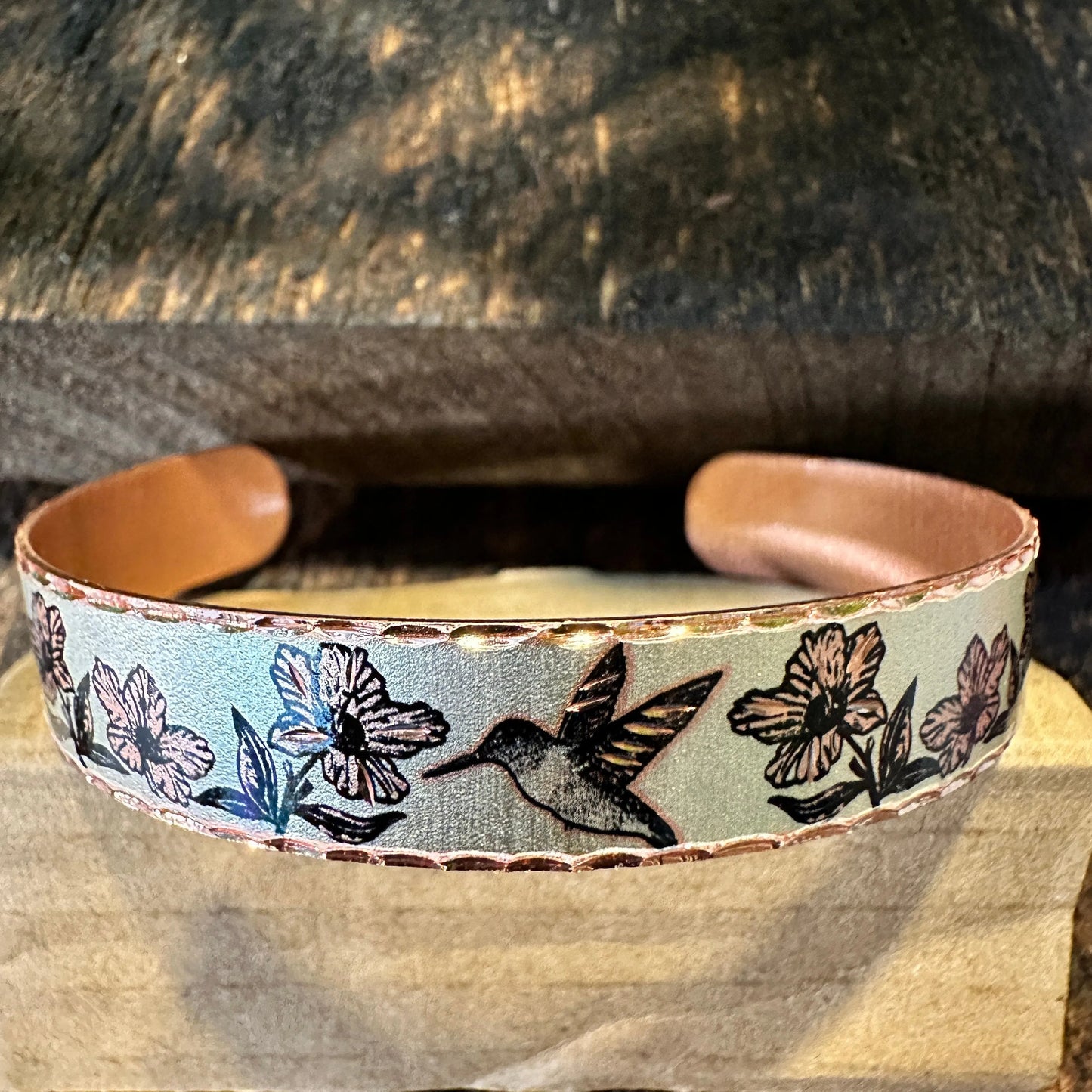 Handmade Boho Copper Floral Hummingbird Design Narrow Cuff Bracelet, Gift Box - Silver Elegant