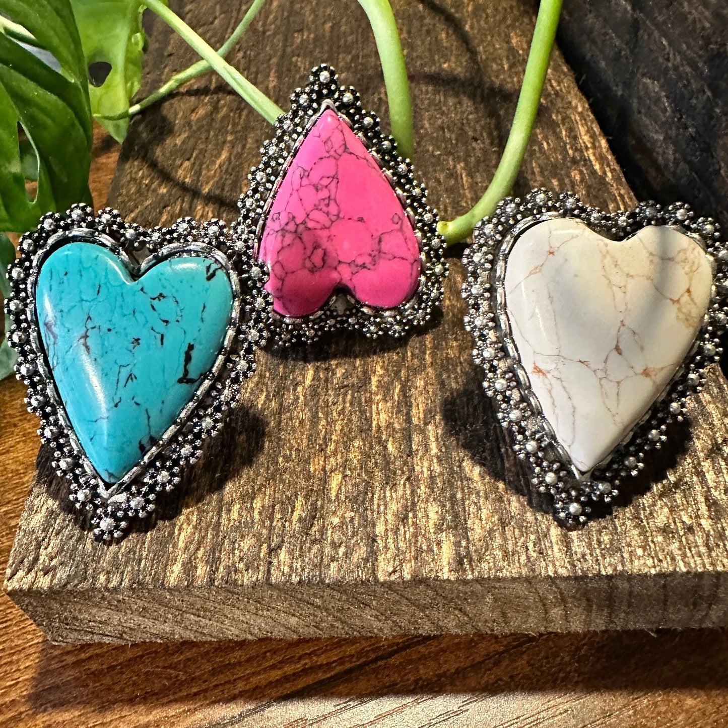 Statement Heart Cuff Ring, Oversized Western Heart Ring, Statement Ring, Adjustable Ring - Boho Hippie Pink, White, Turquoise, Gift Box - Silver Elegant