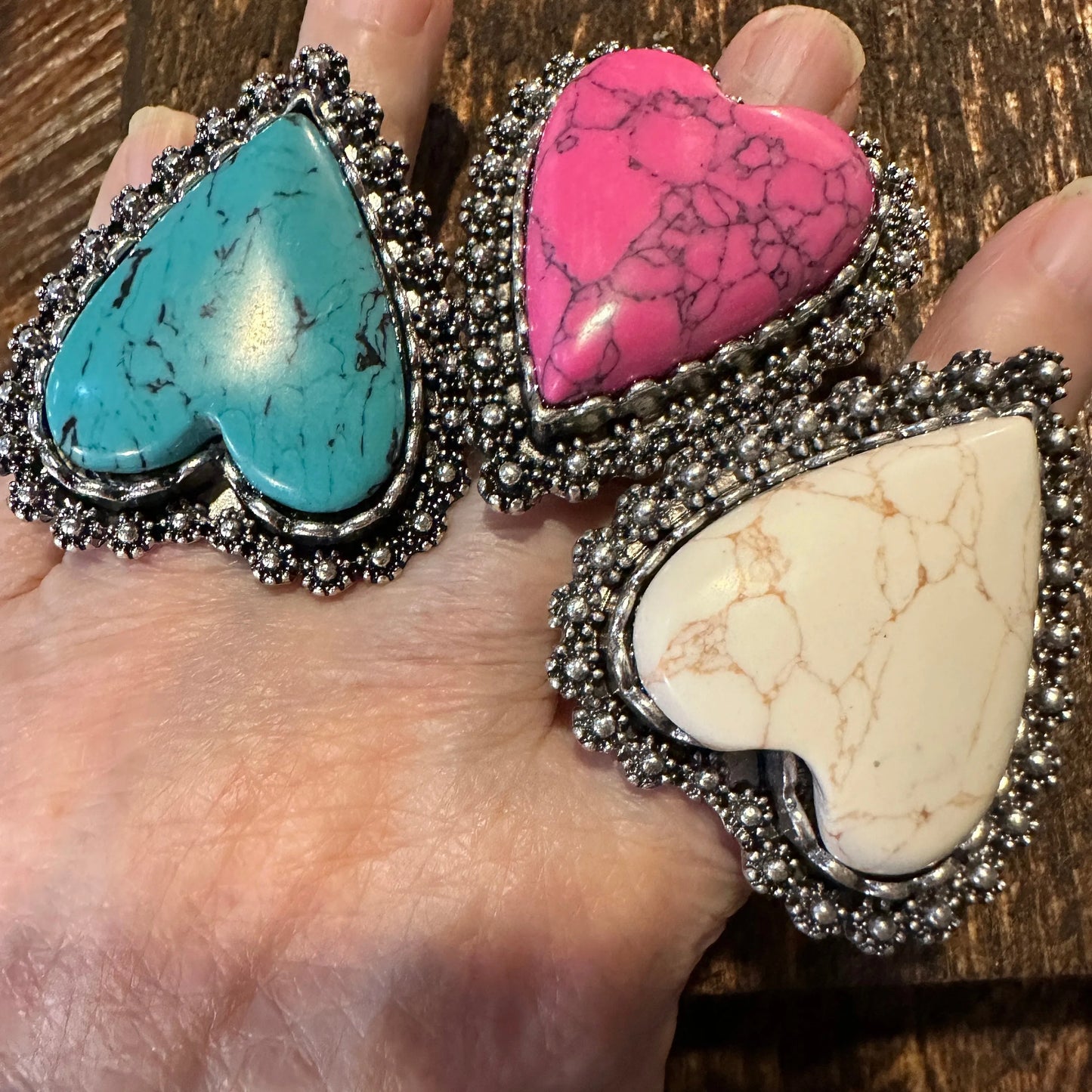 Statement Heart Cuff Ring, Oversized Western Heart Ring, Statement Ring, Adjustable Ring - Boho Hippie Pink, White, Turquoise, Gift Box - Silver Elegant