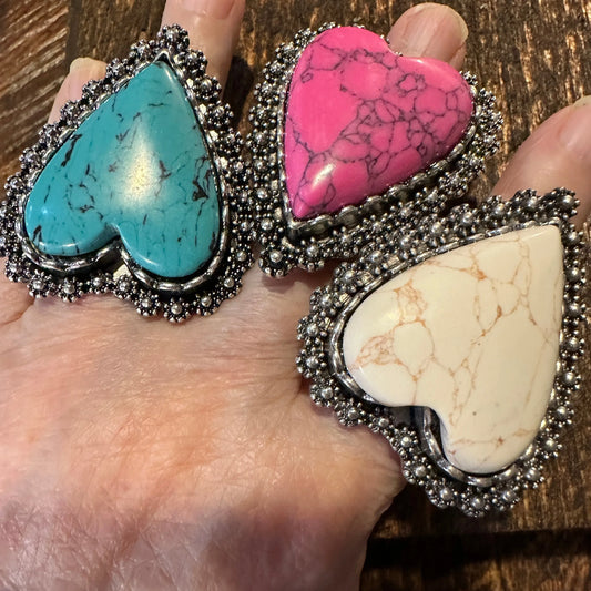 Statement Heart Cuff Ring, Oversized Western Heart Ring, Statement Ring, Adjustable Ring -  Boho Hippie Pink, White, Turquoise, Gift Box - Silver Elegant