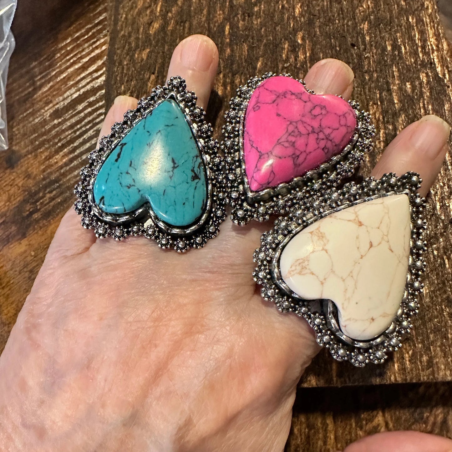 Statement Heart Cuff Ring, Oversized Western Heart Ring, Statement Ring, Adjustable Ring - Boho Hippie Pink, White, Turquoise, Gift Box - Silver Elegant