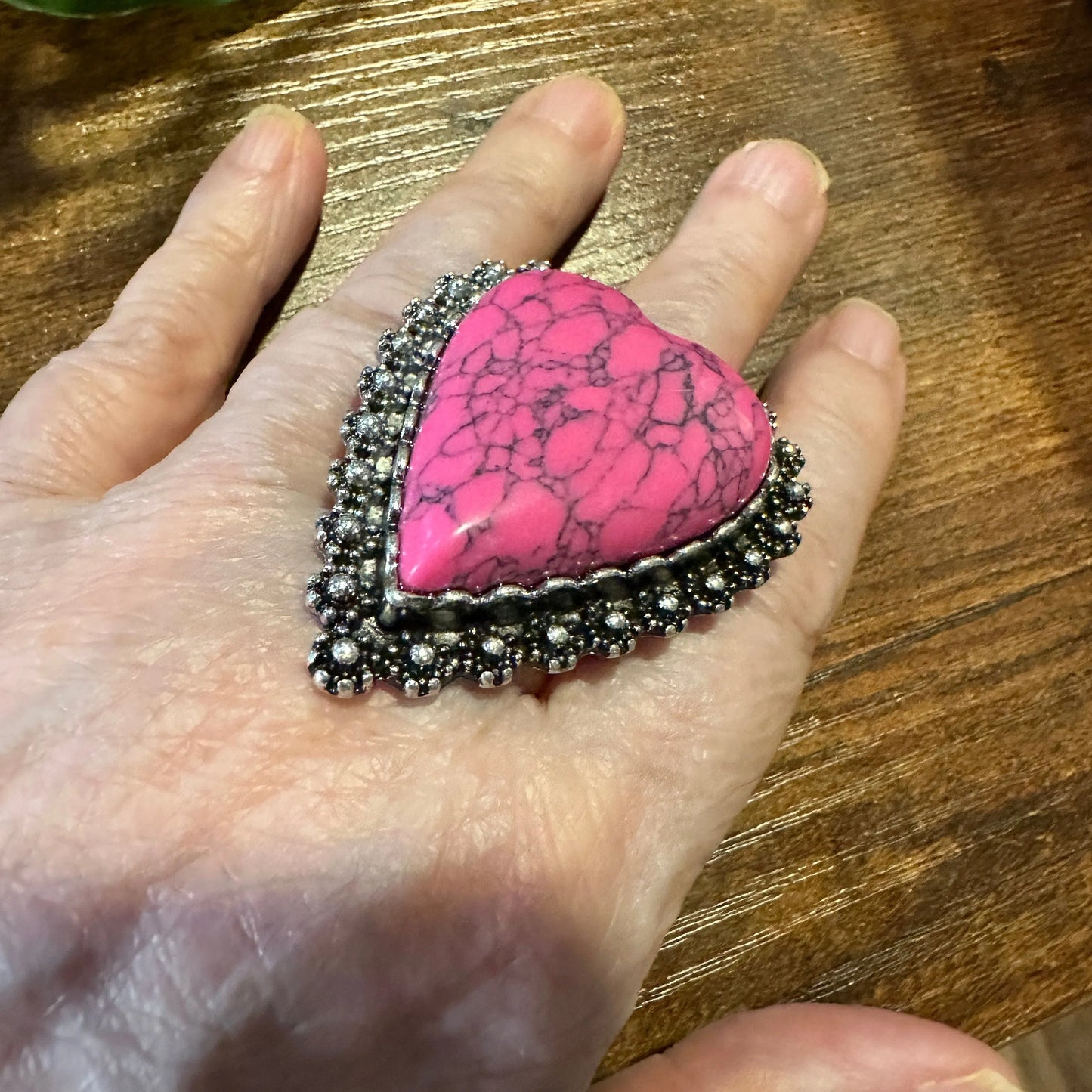 Statement Heart Cuff Ring, Oversized Western Heart Ring, Statement Ring, Adjustable Ring - Boho Hippie Pink, White, Turquoise, Gift Box - Silver Elegant