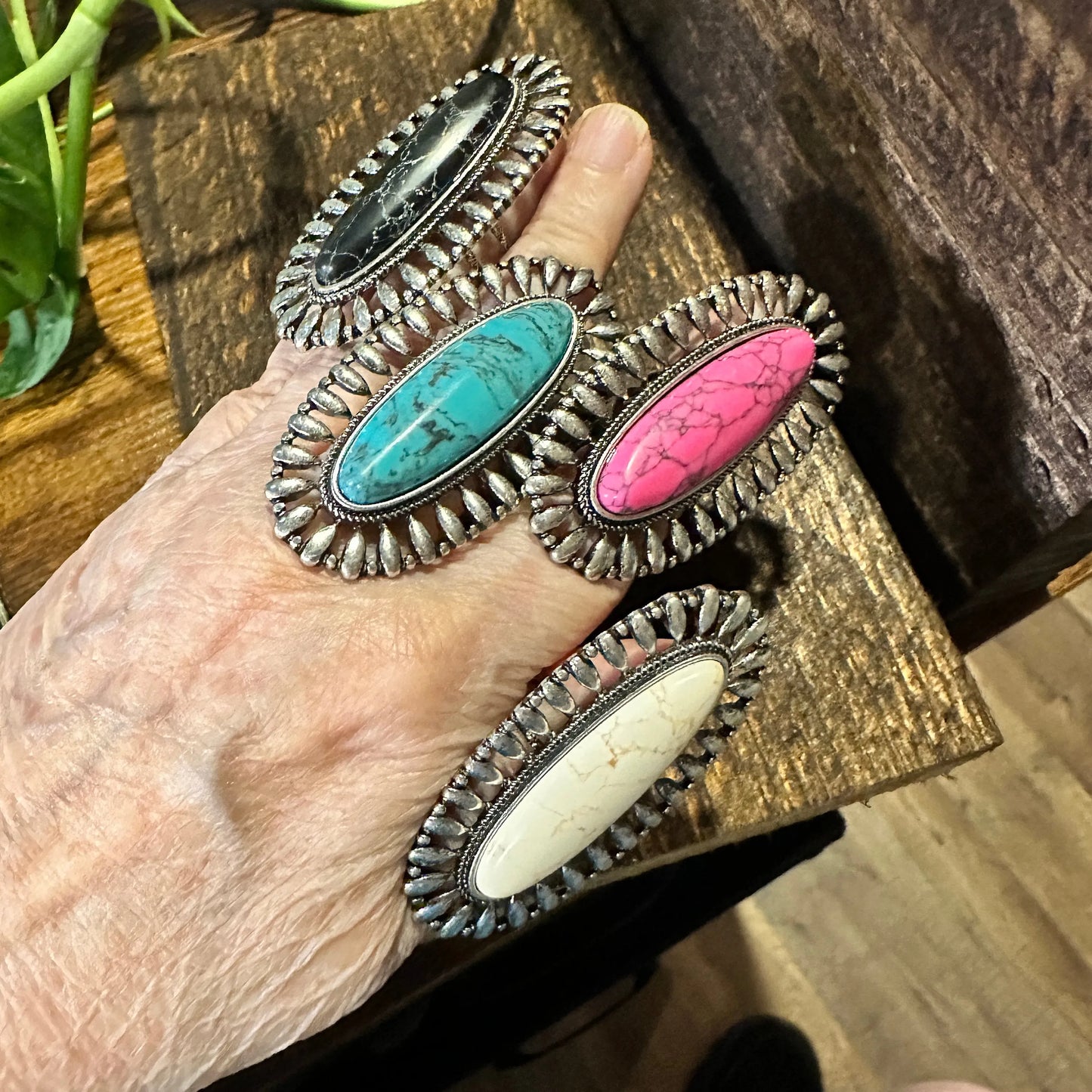 Statement Oval Cuff Ring, Oversized Western Oval Ring, Statement Ring, Adjustable Ring - Boho Hippie Pink, White, Black, Gift Box - Silver Elegant