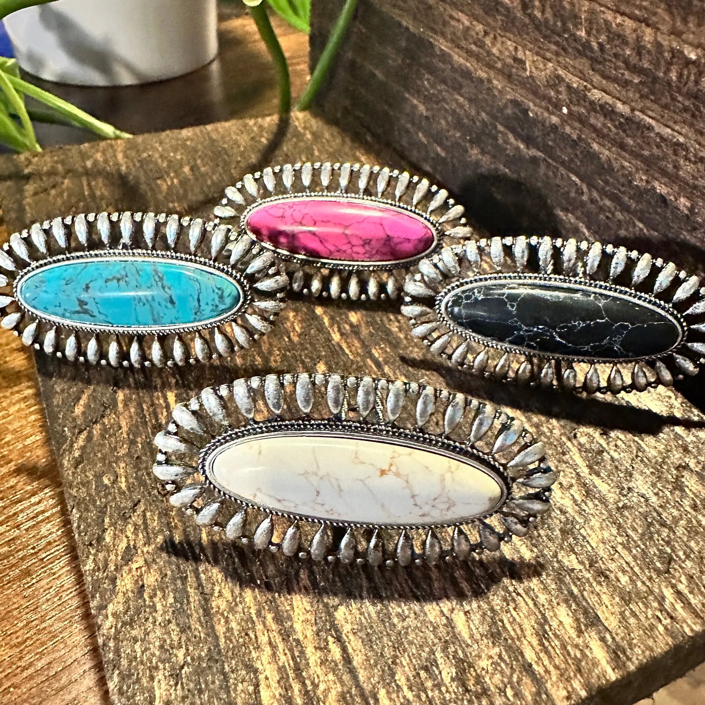 Statement Oval Cuff Ring, Oversized Western Oval Ring, Statement Ring, Adjustable Ring - Boho Hippie Pink, White, Black, Gift Box - Silver Elegant