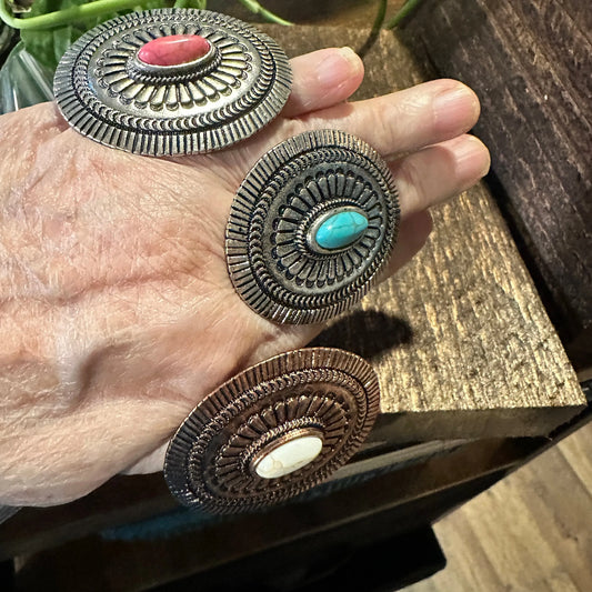 Statement Concho Cuff Ring, Oversized Western Concho Ring, Adjustable Ring, Boho Hippie Pink Stone, White Copper, Turquoise Stone, Gift Box - Silver Elegant