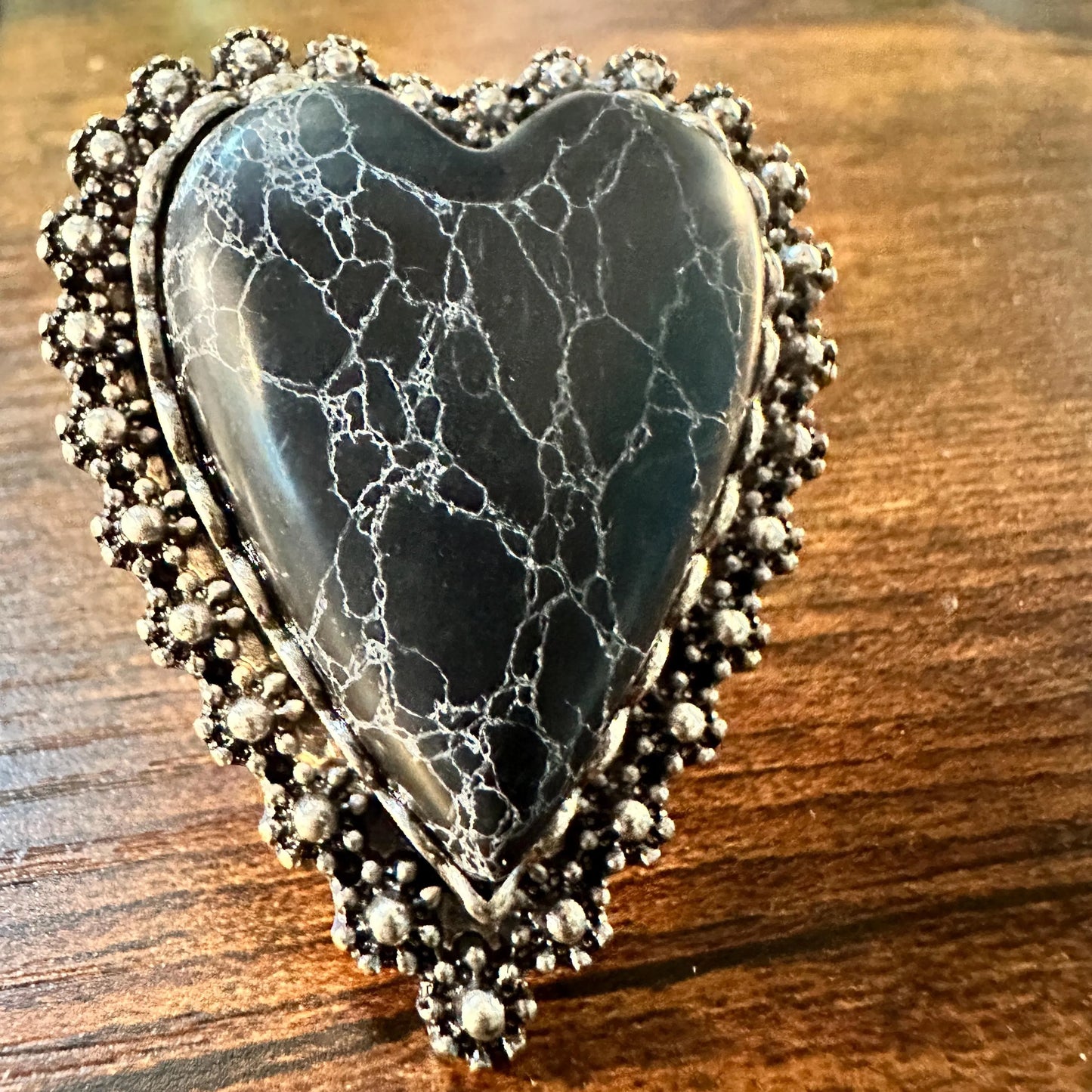 Statement Black Onyx Heart Cuff Ring, Oversized Western Heart Ring, Statement Ring, Adjustable Ring - Boho Hippie Black Onyx Ring, Gift Box - Silver Elegant