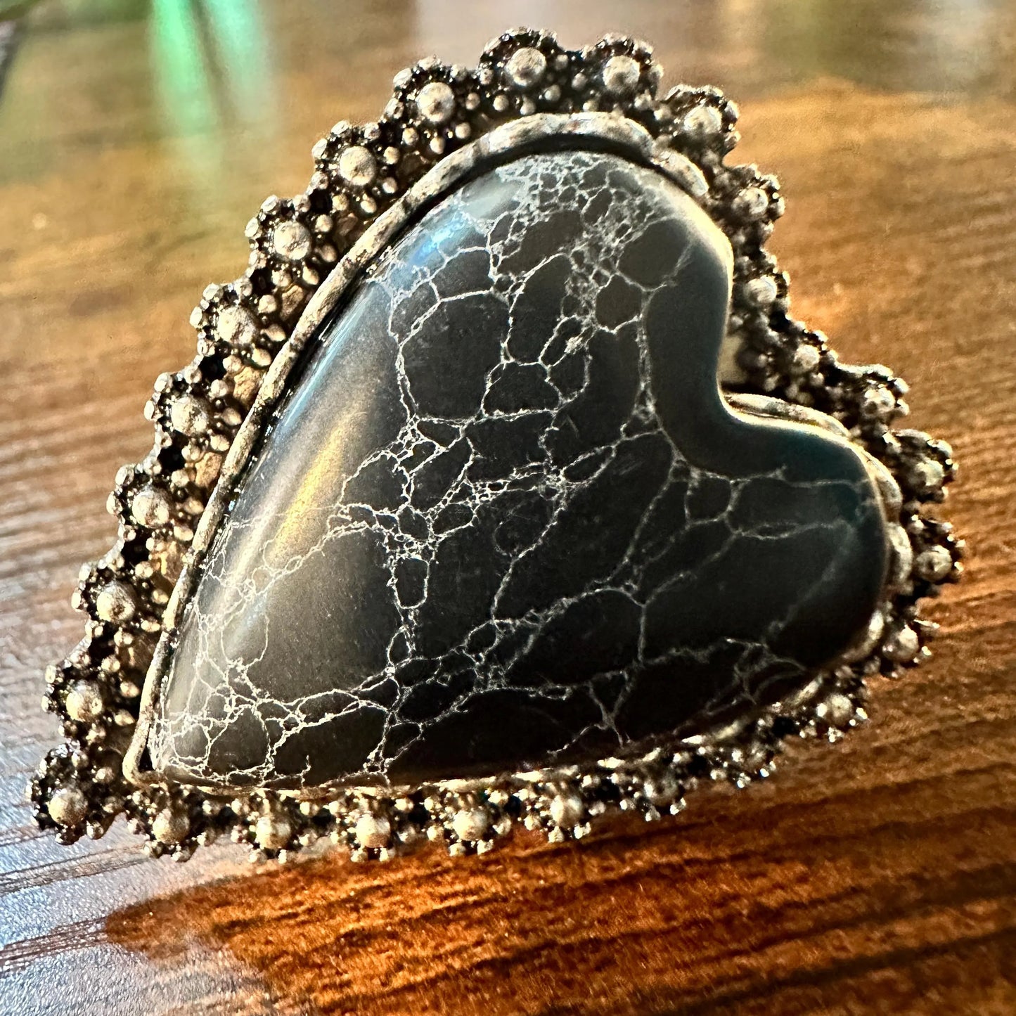 Statement Black Onyx Heart Cuff Ring, Oversized Western Heart Ring, Statement Ring, Adjustable Ring - Boho Hippie Black Onyx Ring, Gift Box - Silver Elegant
